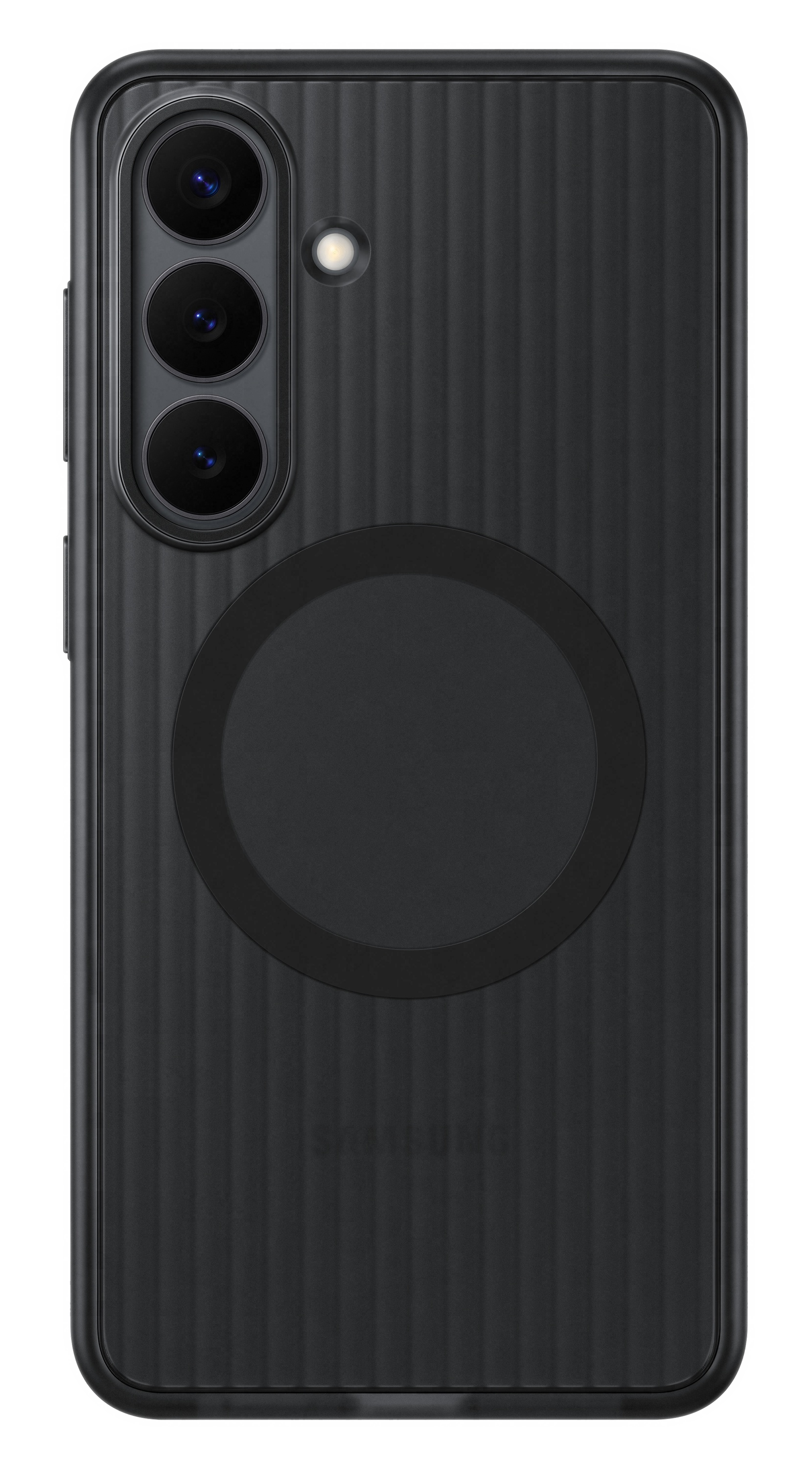 Czarny telefon z trzema aparatami i okrągłym obszarem ładowania z tyłu.