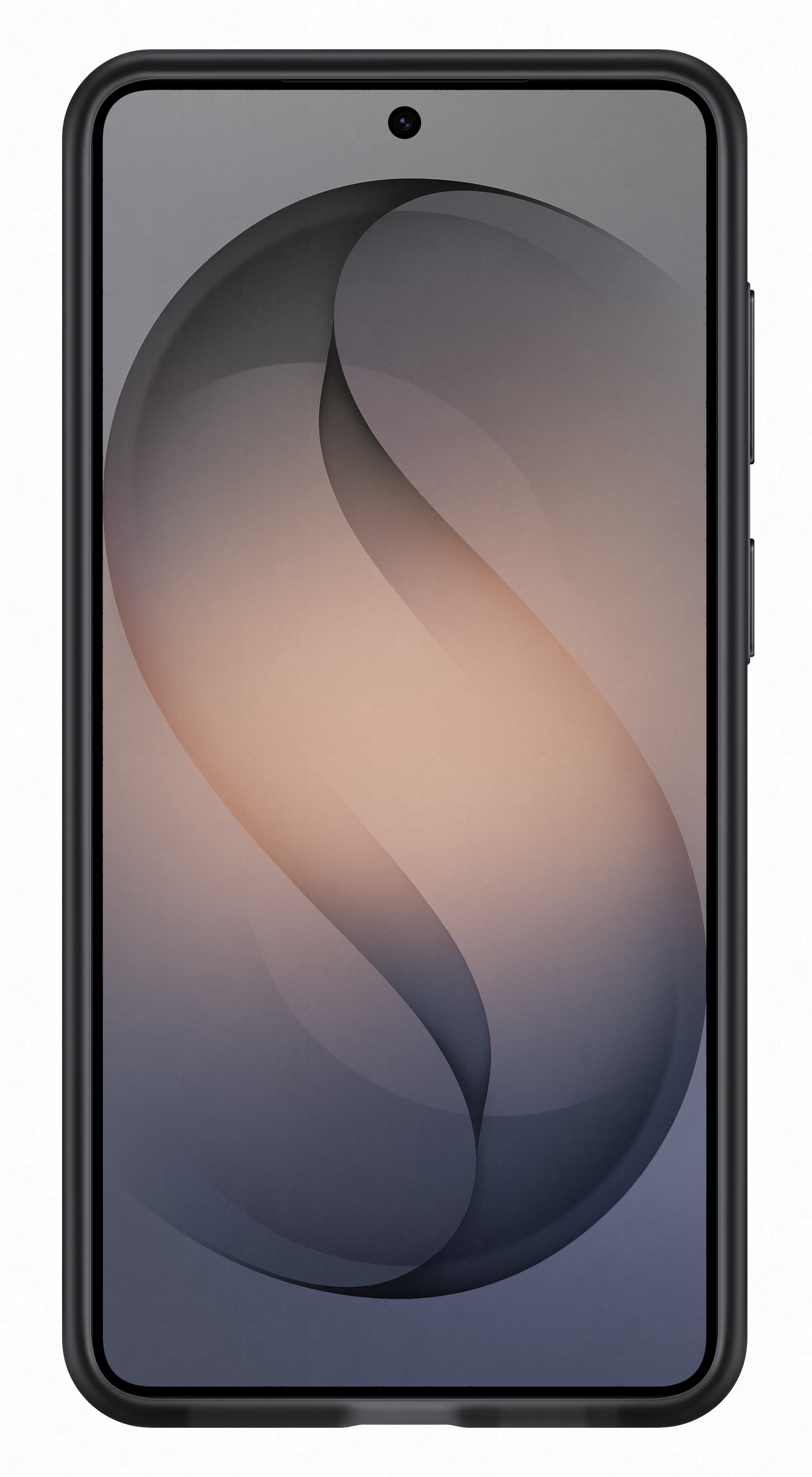 Czarny smartfon z abstrakcyjnym, falistym tłem na ekranie.