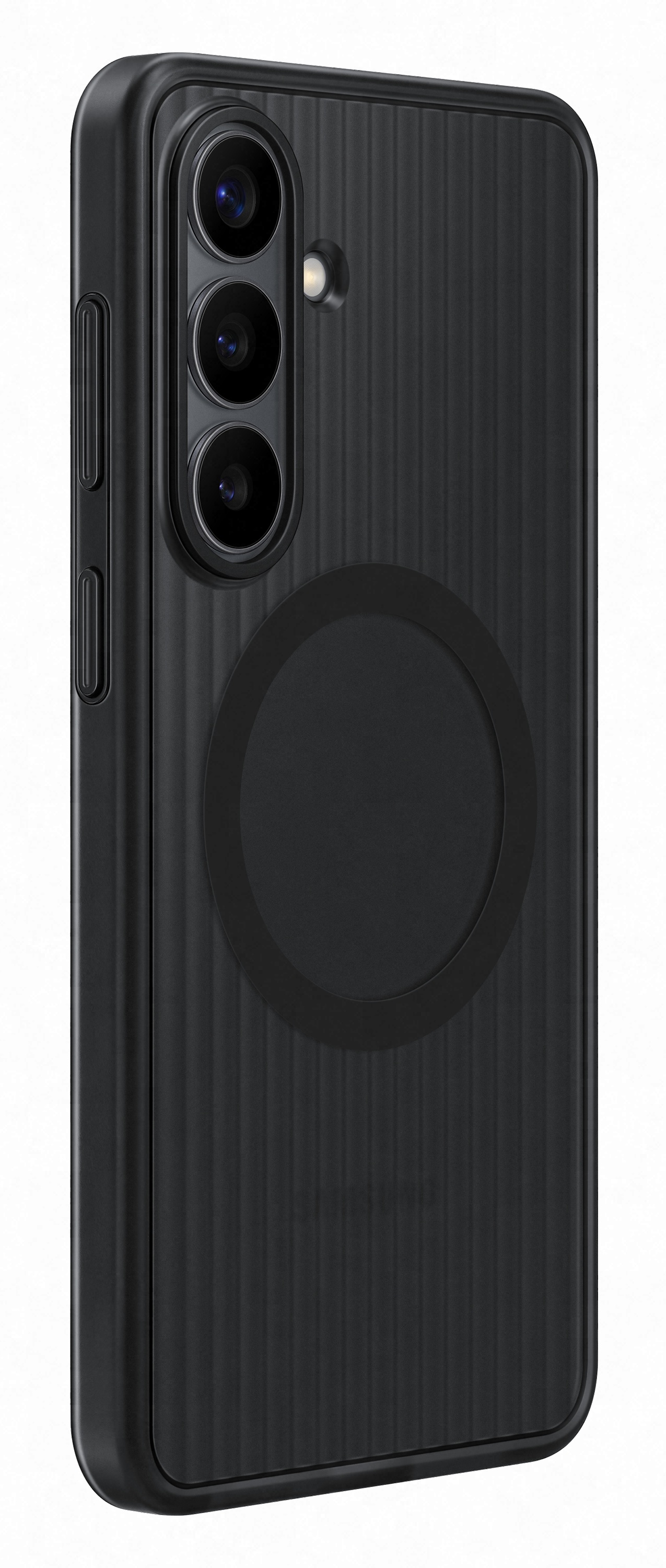 Czarny telefon z pionową prążkowaną teksturą i modułem kamery.