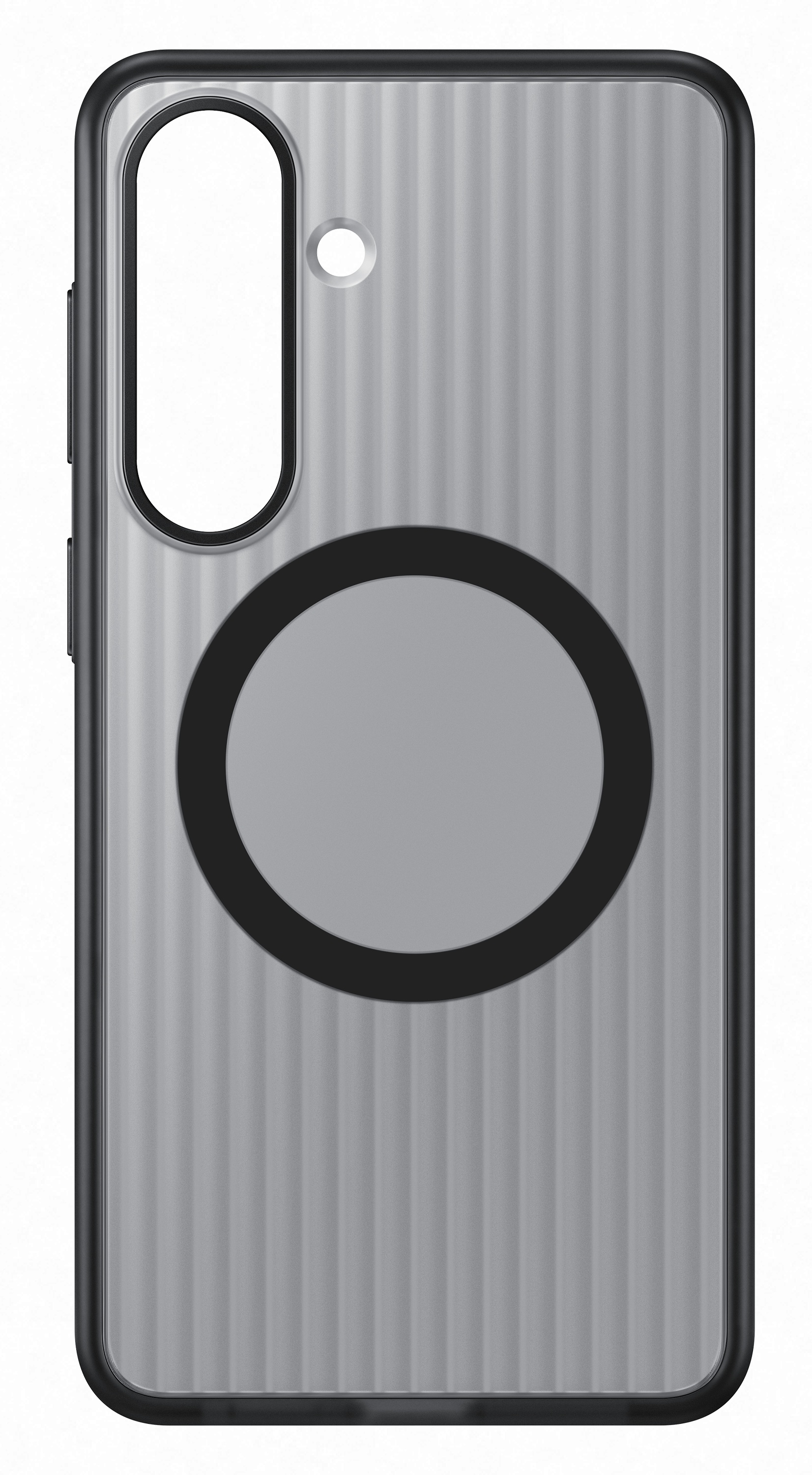 Szara obudowa na telefon z pionowymi przetłoczeniami i czarnym kołem.