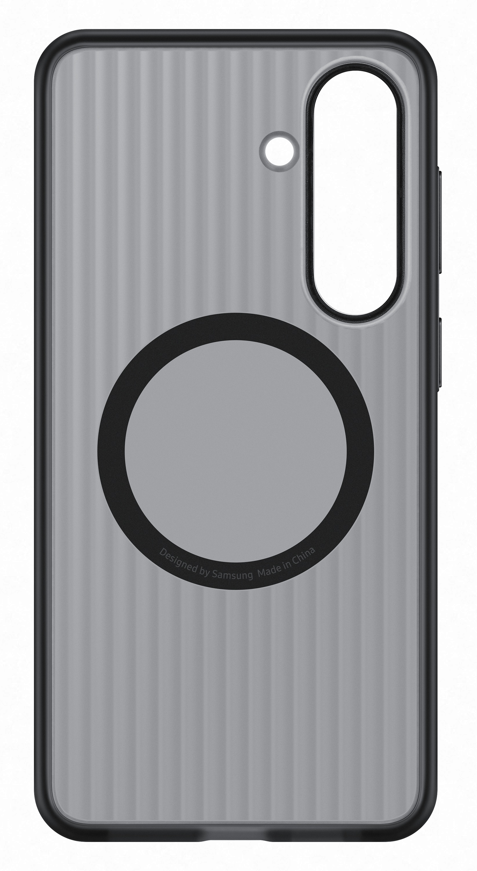 Szara obudowa na telefon z pionowymi przetłoczeniami i czarnym okrągłym emblematem.