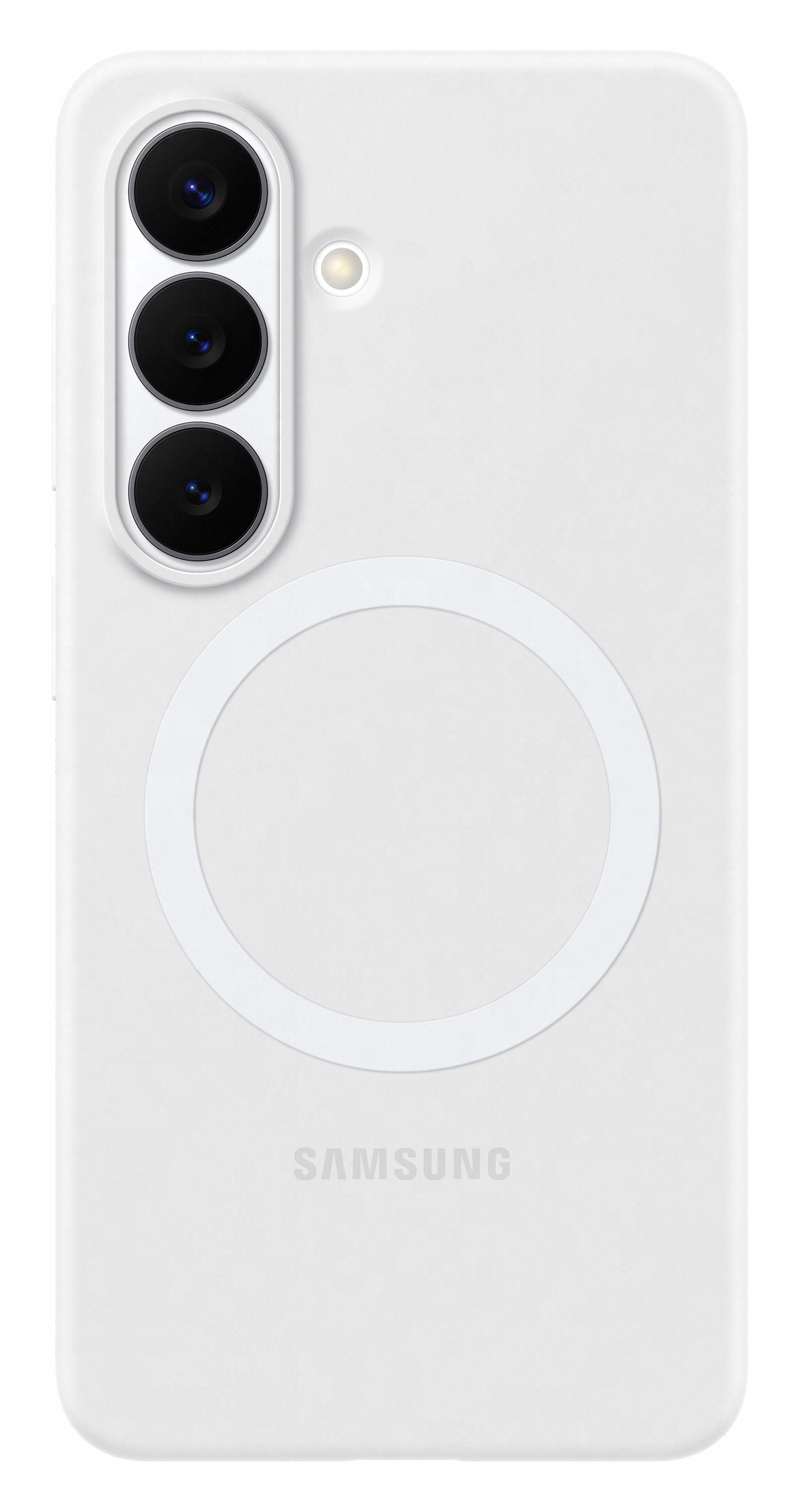 Białe etui na telefon z trzema aparatami, lampą błyskową i okrągłym wzorem. Logo Samsung na dole.