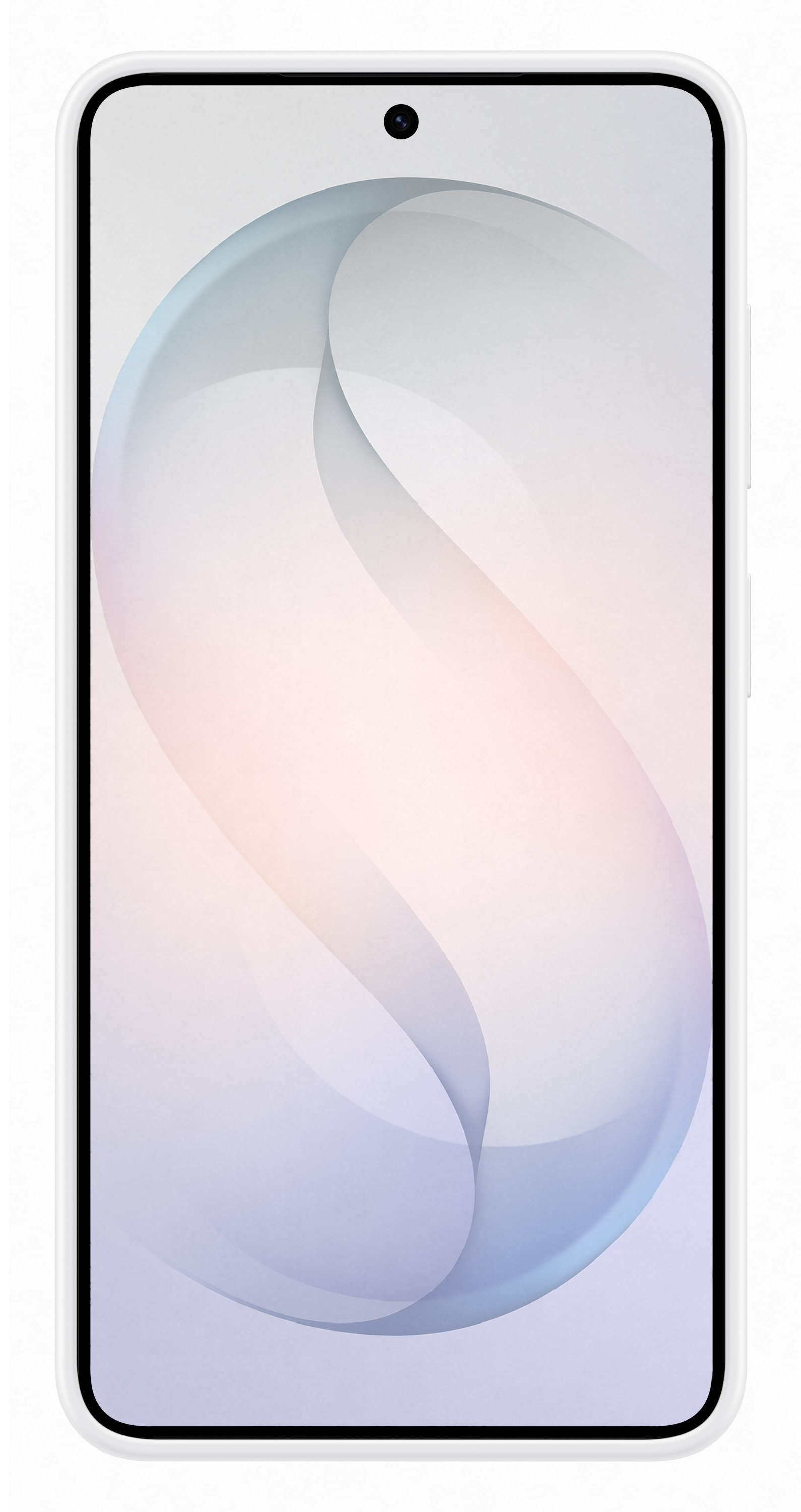 Biały smartfon z minimalistyczną tapetą w pastelowych kolorach na ekranie.