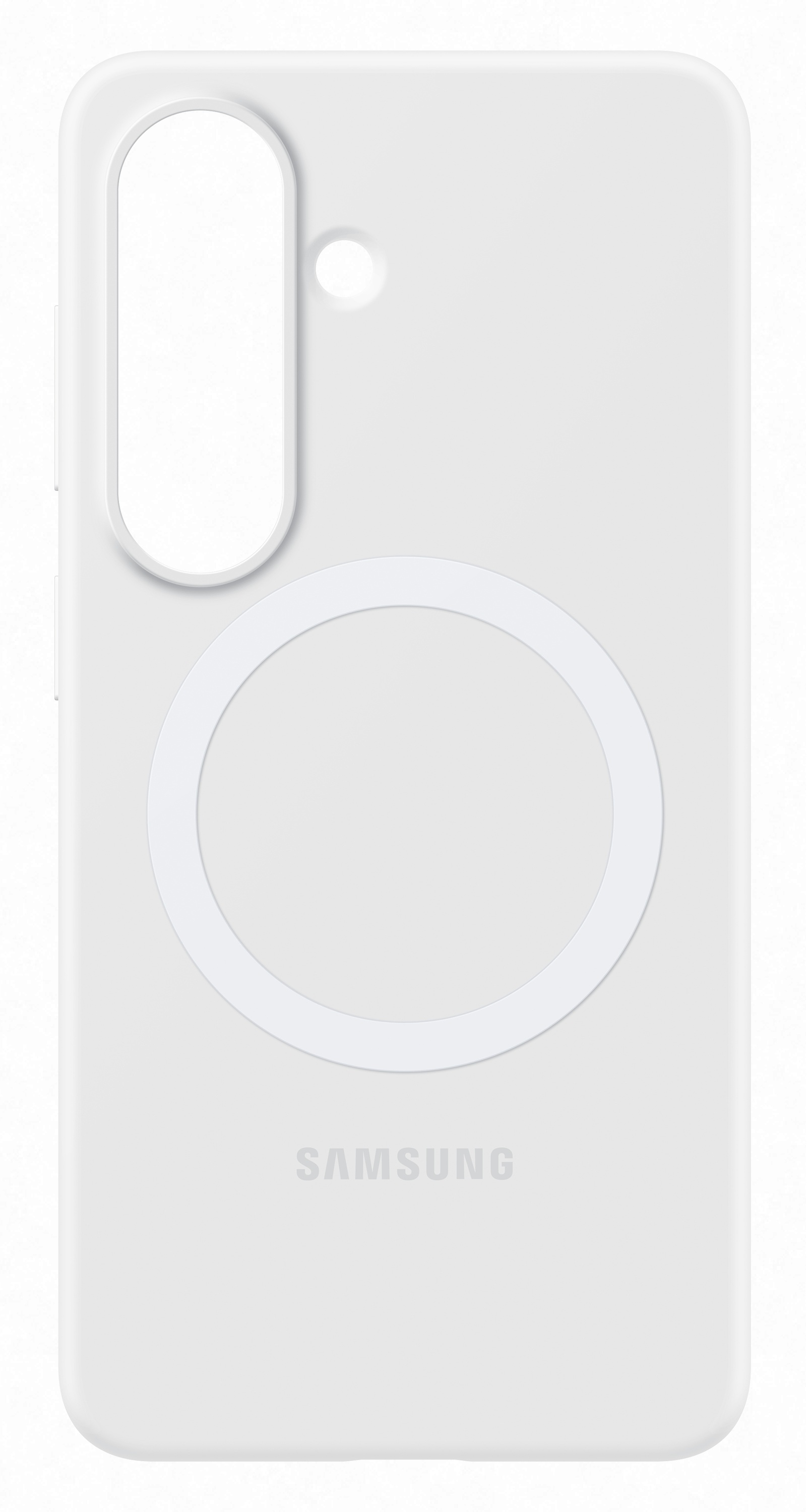 Białe etui na telefon z wycięciem na aparat i logo Samsung.