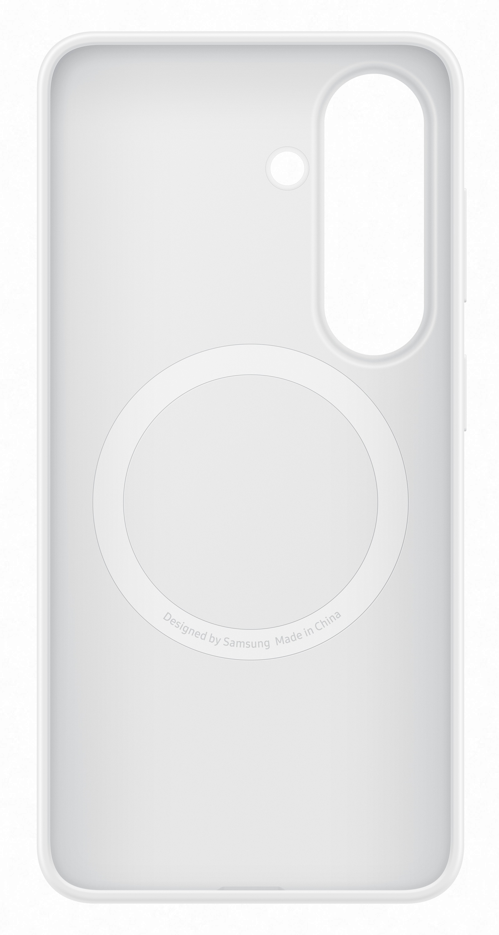 Białe etui na telefon z okrągłym wzorem i wycięciem na aparat.