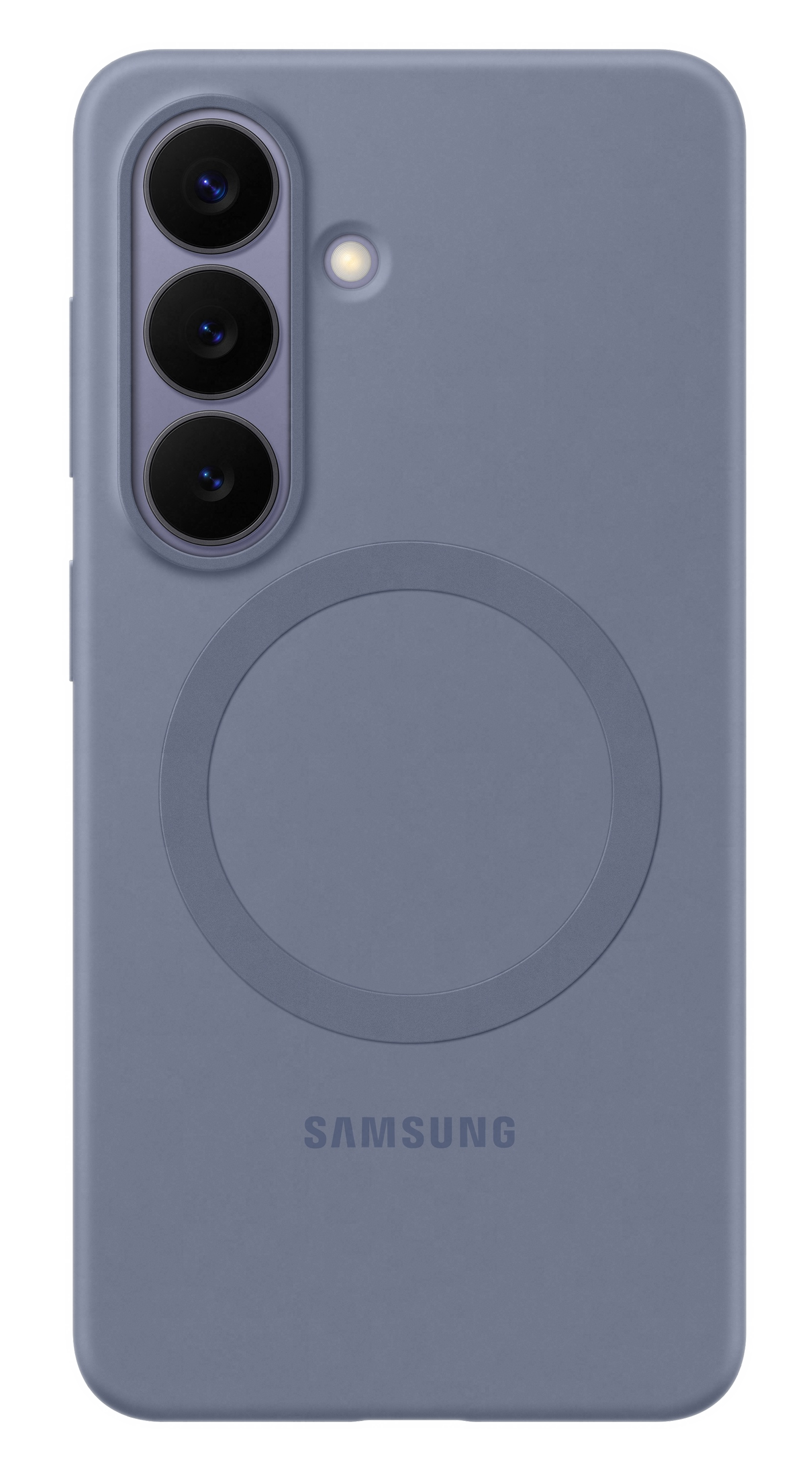 Tył fioletowego etui Samsung z trzema aparatami i kółkiem.