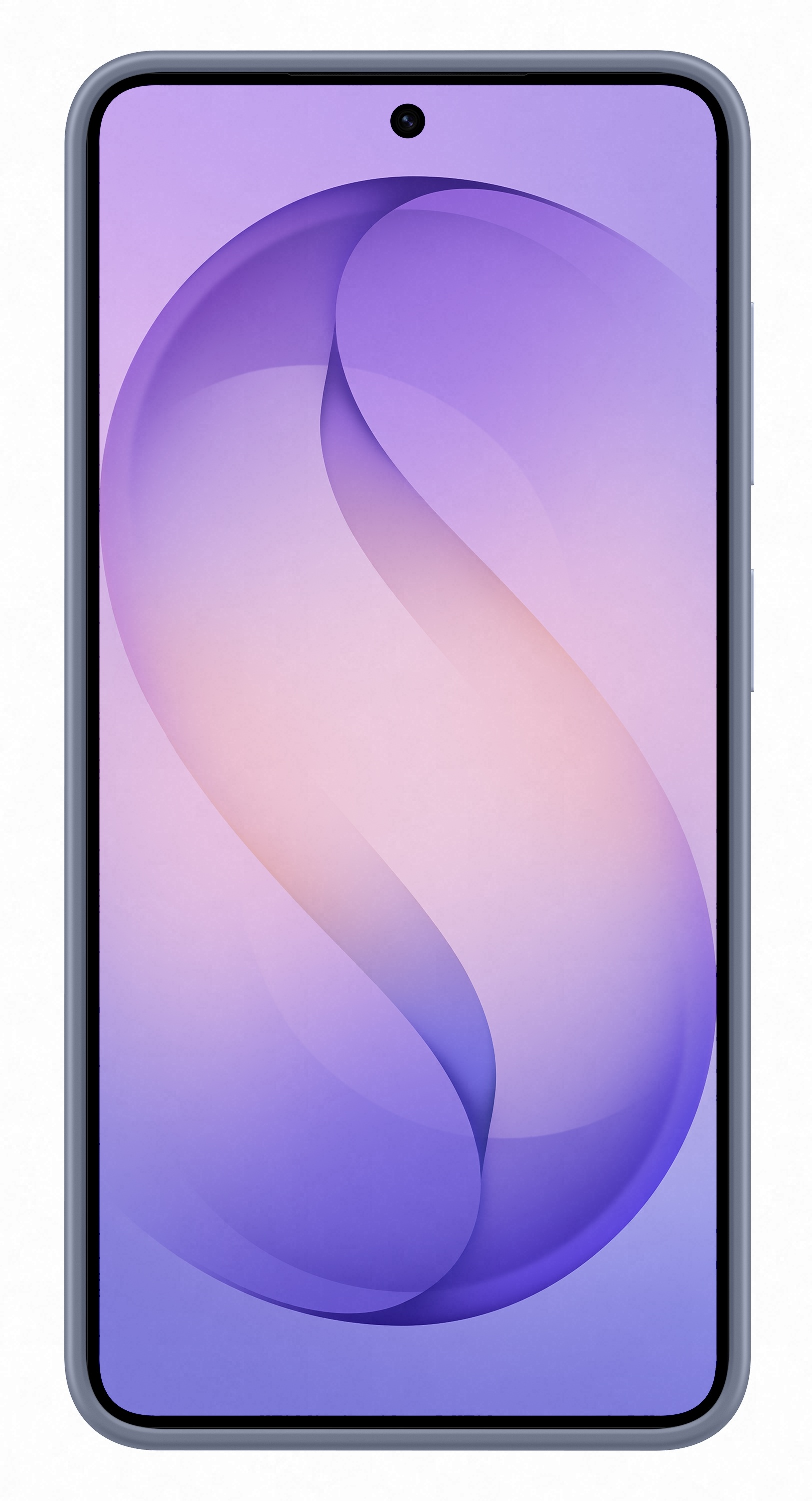 Szara smartfon z fioletowo-różową tapetą i przednim aparatem.