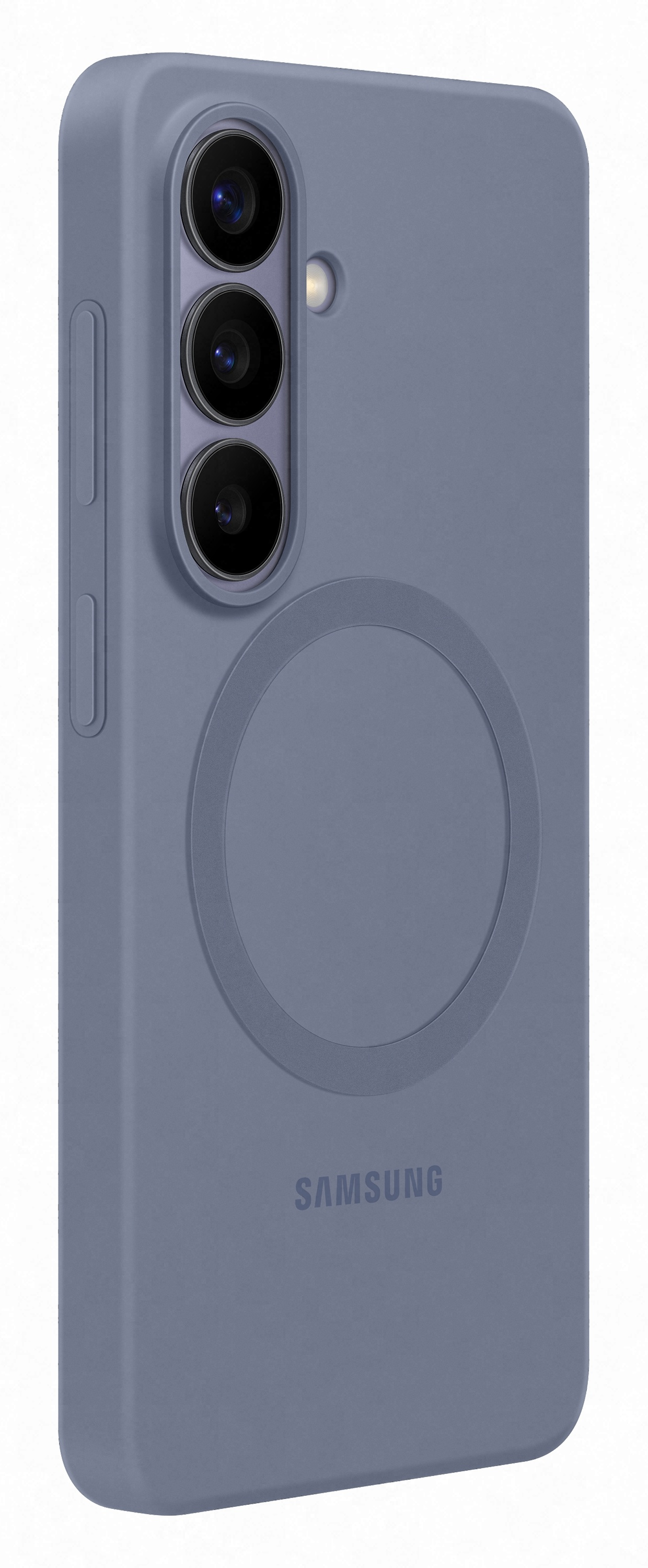 Fioletowe etui Samsung z trzema aparatami i pierścieniem MagSafe.