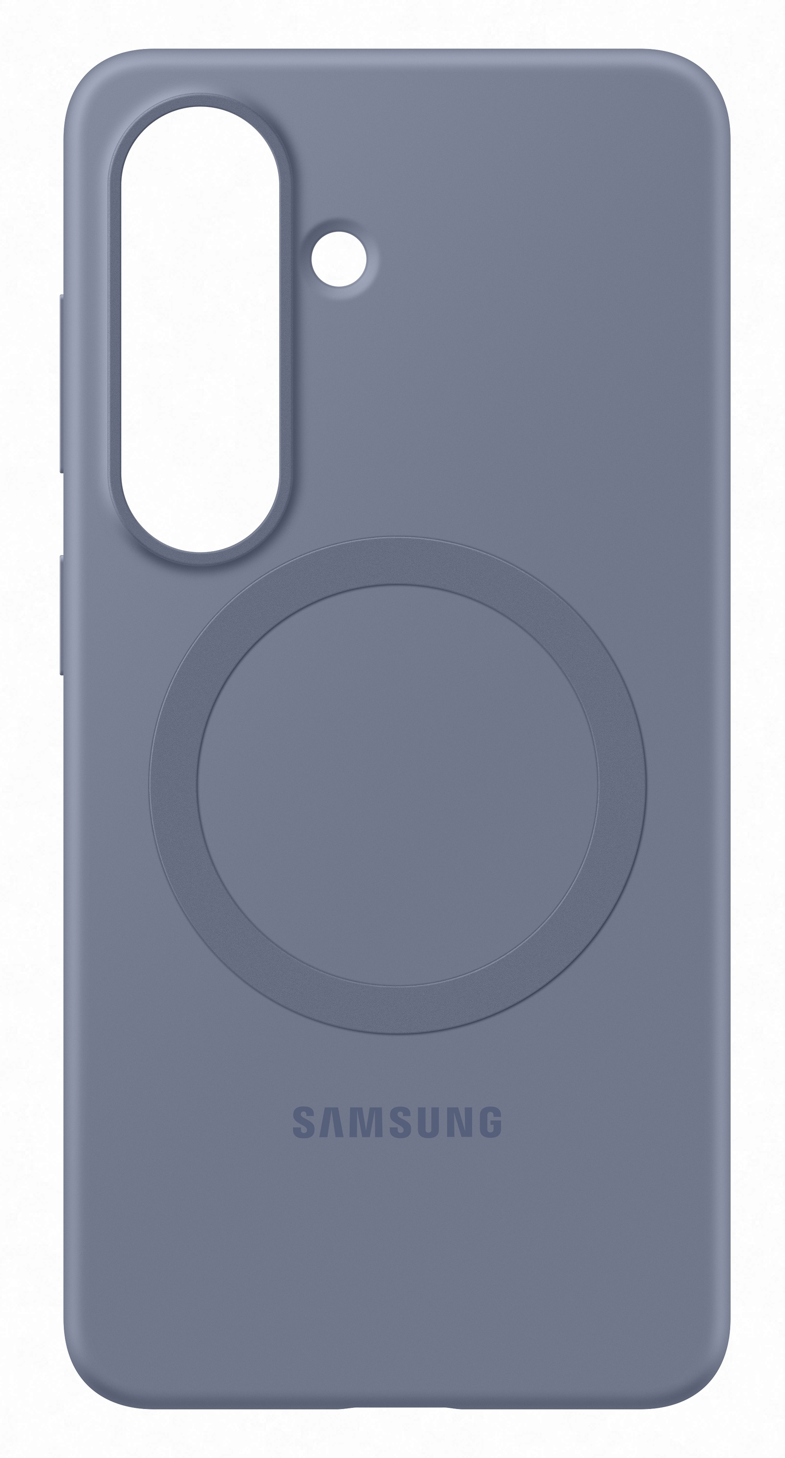 Szare etui na telefon Samsung z okrągłym pierścieniem magnetycznym i wycięciem na aparat.