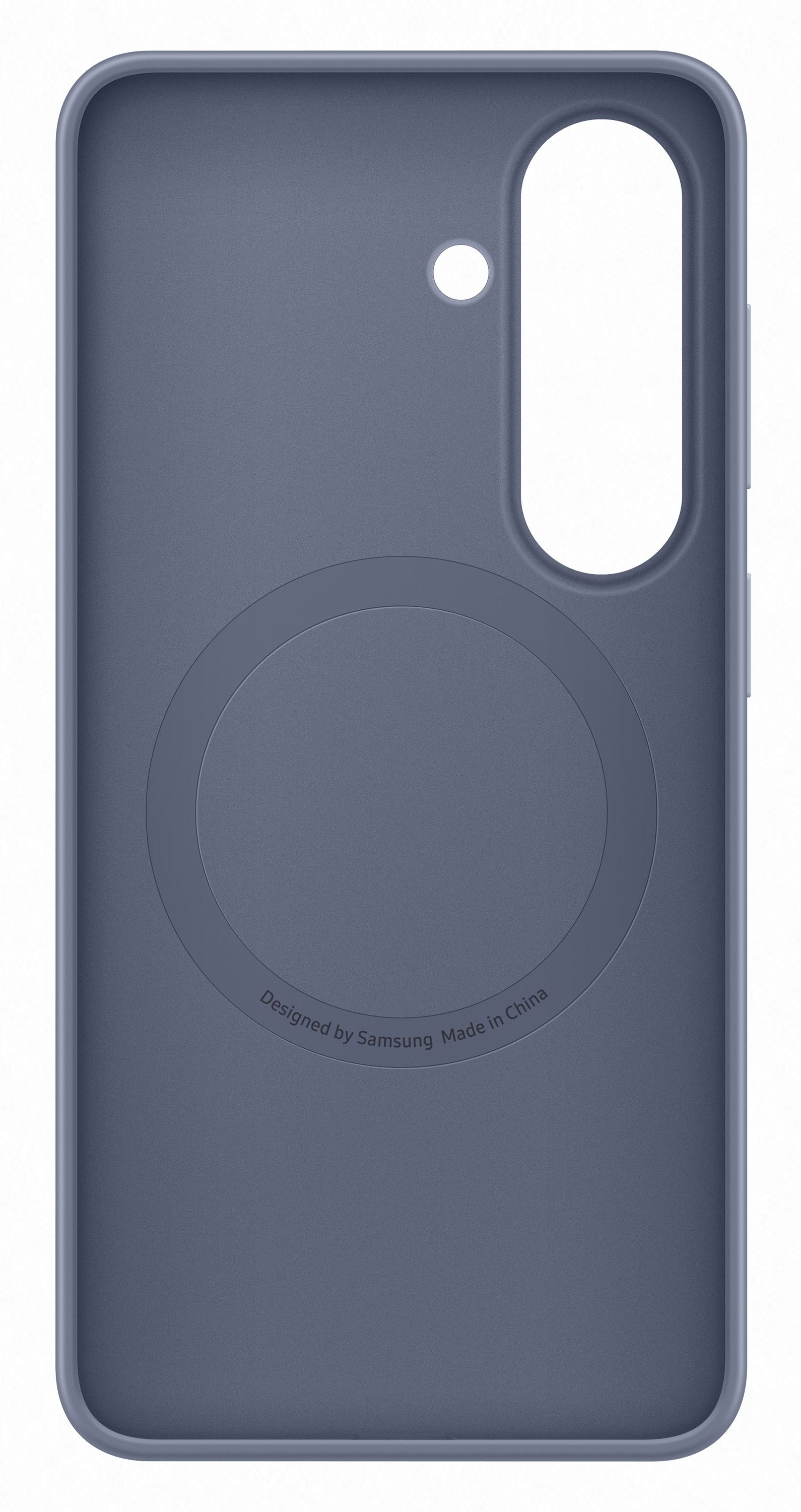 Szaroniebieskie etui na telefon z okrągłym wycięciem i otworem na aparat.