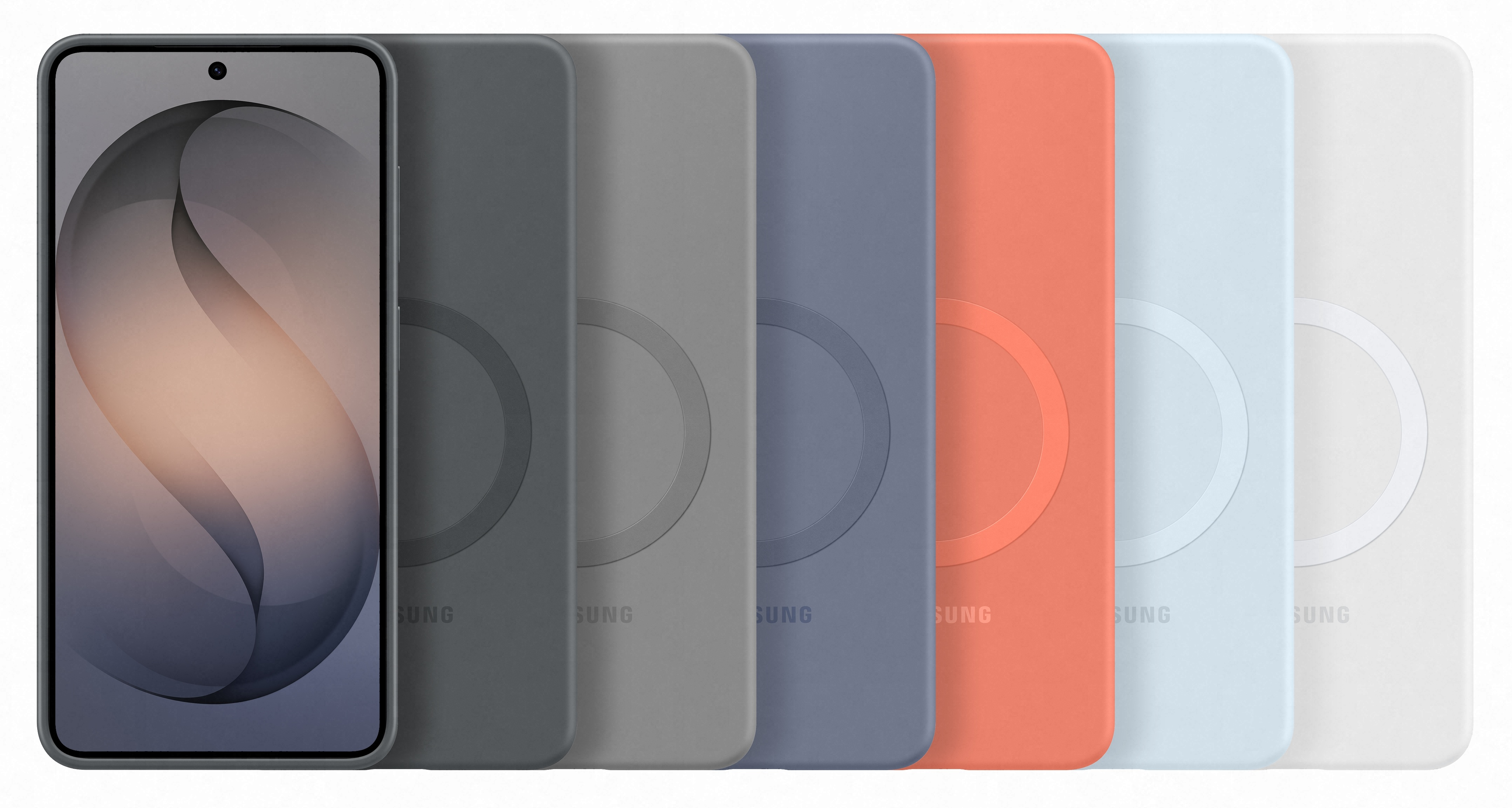 Smartfon z szarą ramką i różnymi kolorowymi etui.