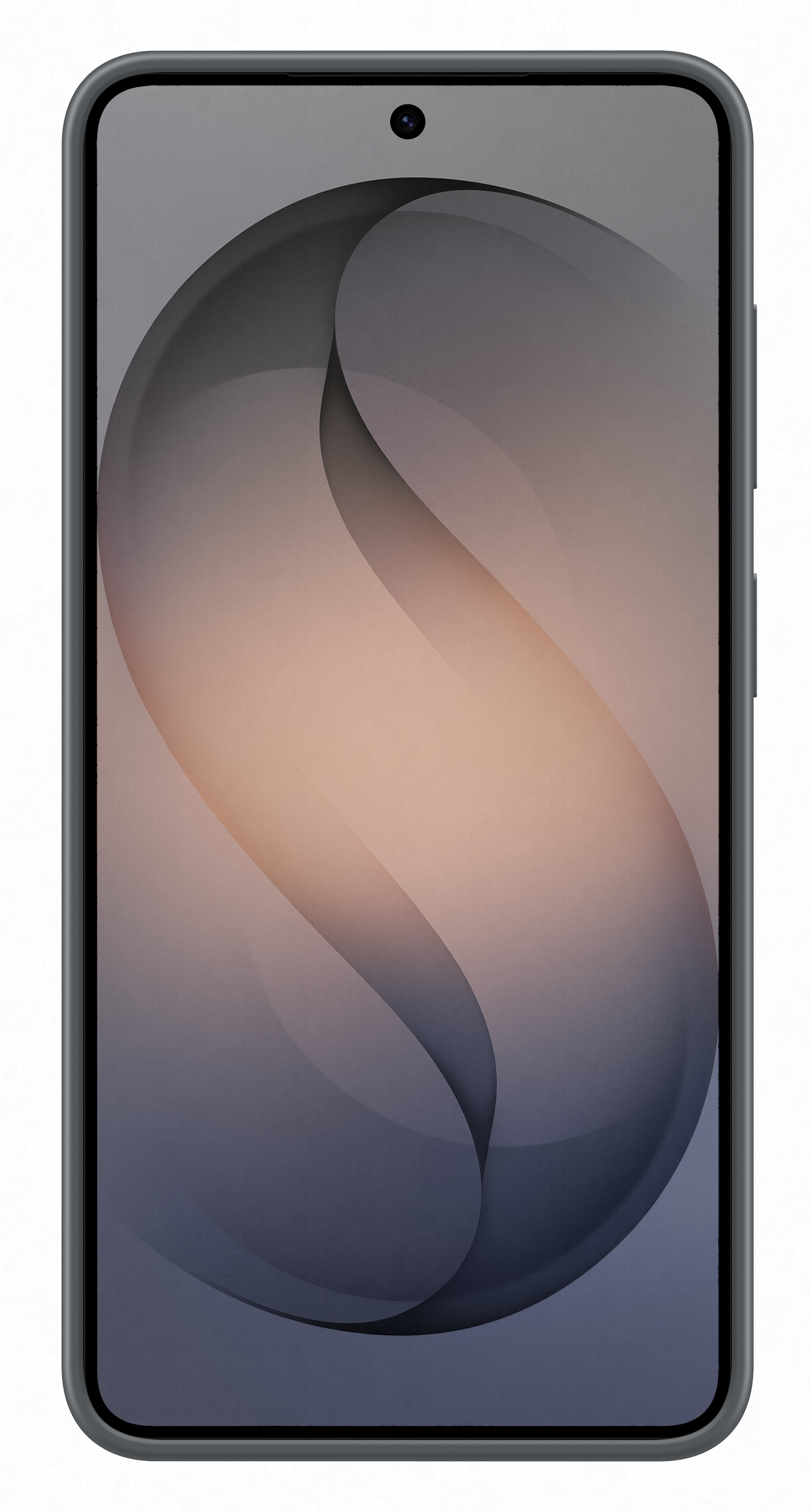 Smartfon z ciemnoszarym ramieniem i abstrakcyjnym tłem.