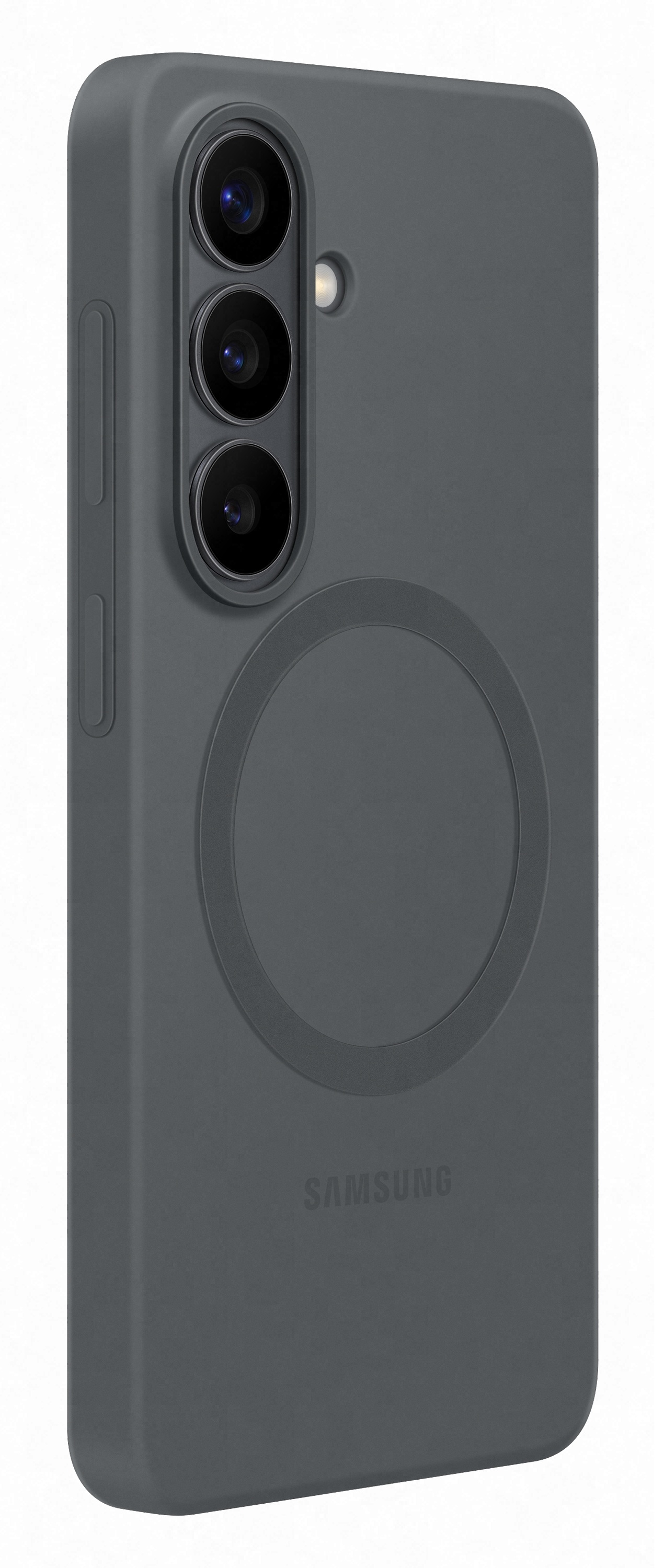 Ciemnoszary telefon Samsung z trzema aparatami i pierścieniem magnetycznym.