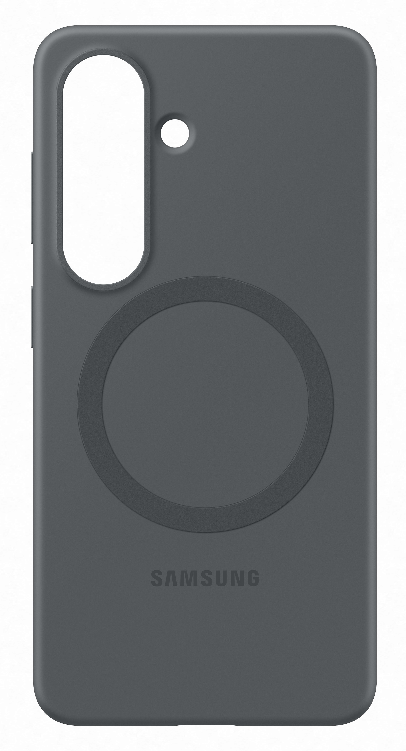 Ciemnoszare etui Samsung z okrągłym wycięciem i otworem na aparat.