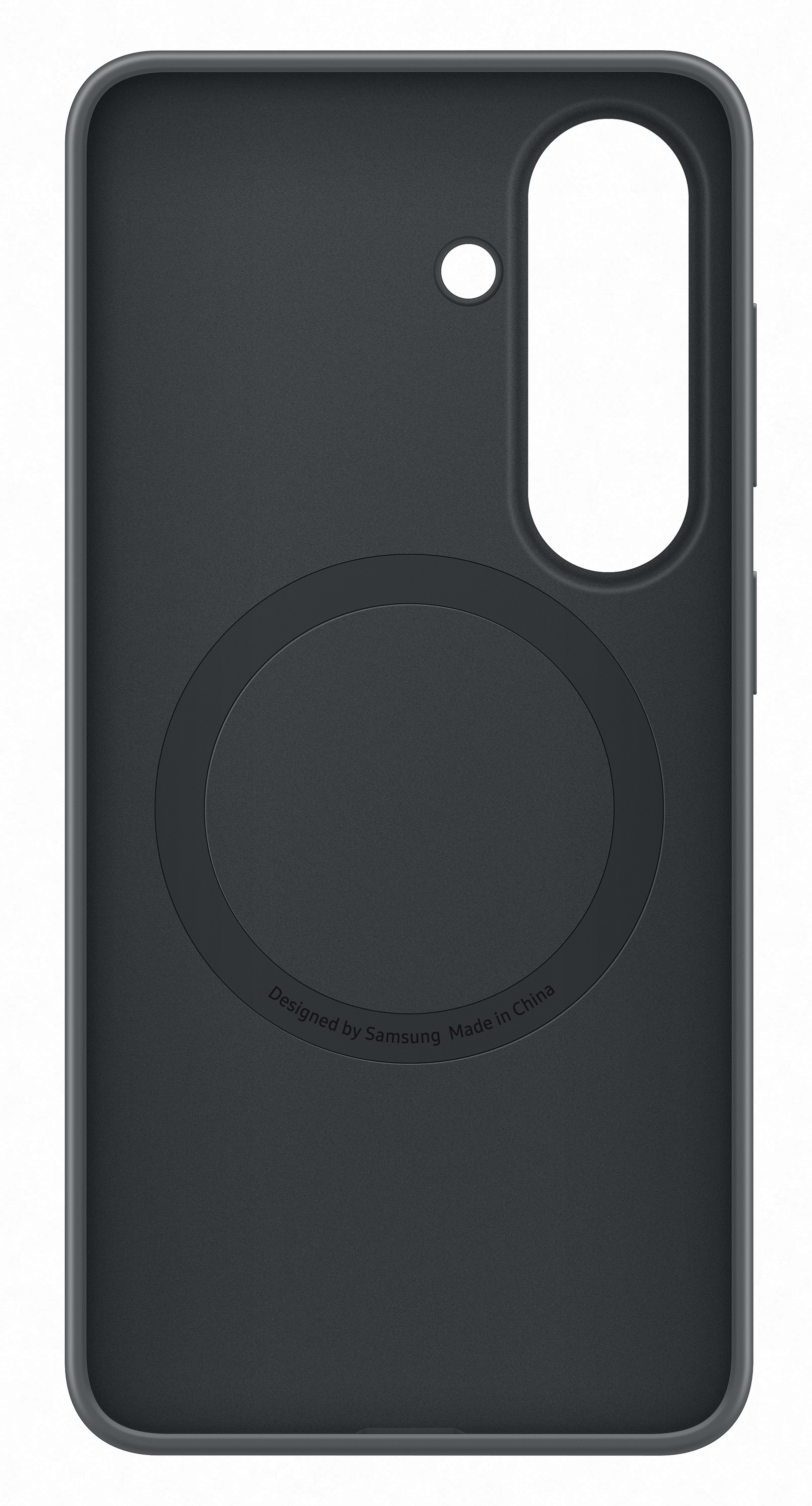 Ciemnoszara obudowa na telefon z okrągłym wzorem i napisem "Designed by Samsung Made in China".