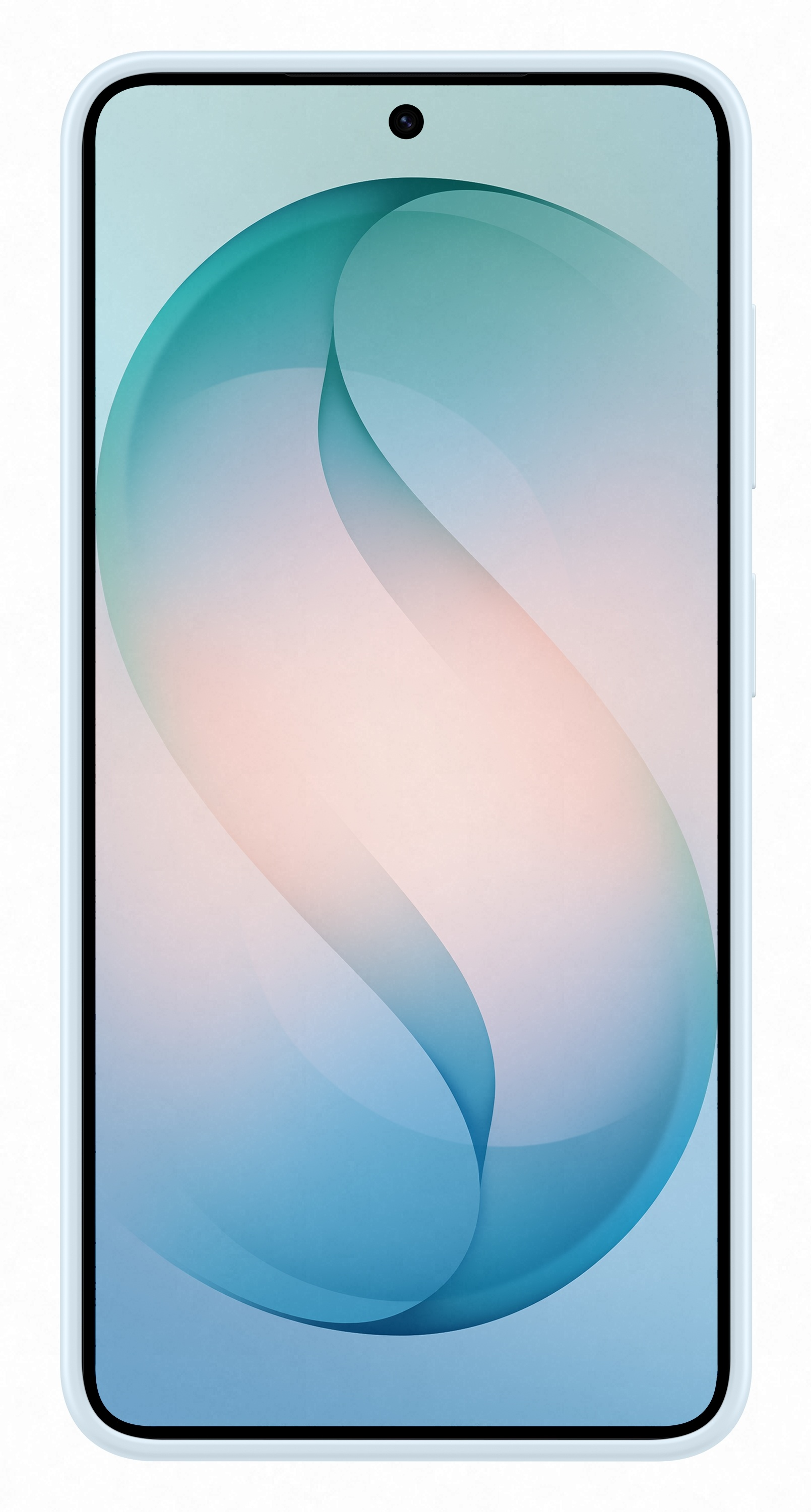 Jasnoniebieski smartfon z abstrakcyjnym, zakrzywionym tłem.