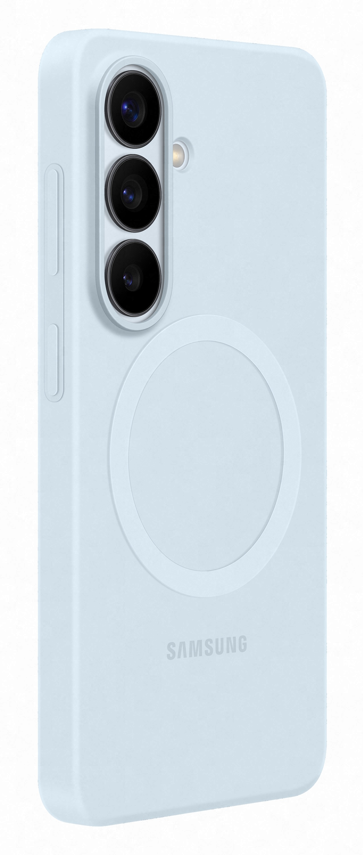 Jasnoniebieskie etui na telefon z trzema aparatami i logo Samsung.