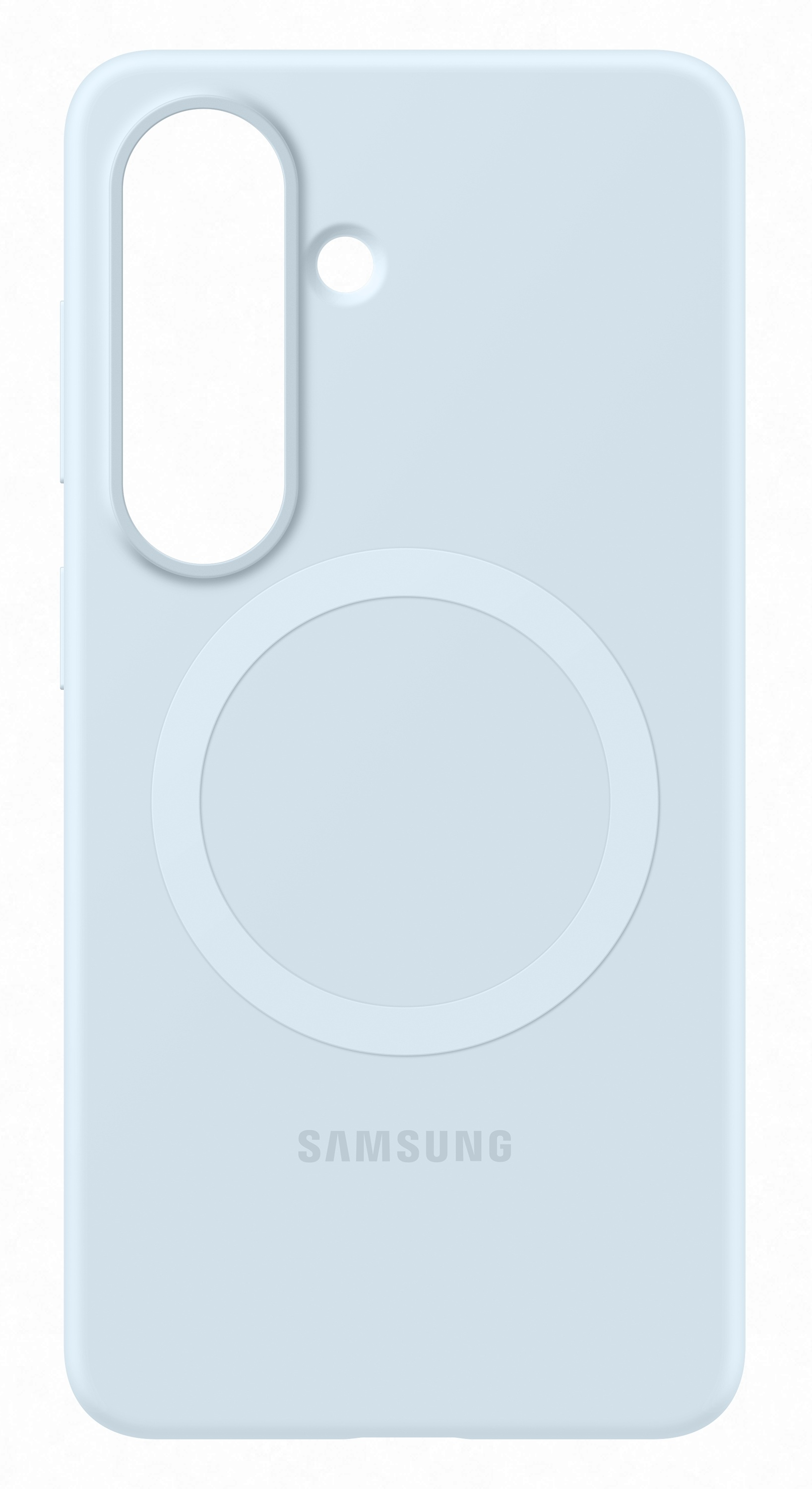 Jasnoniebieskie etui Samsung z wycięciem na aparat i pierścieniem ładowania.