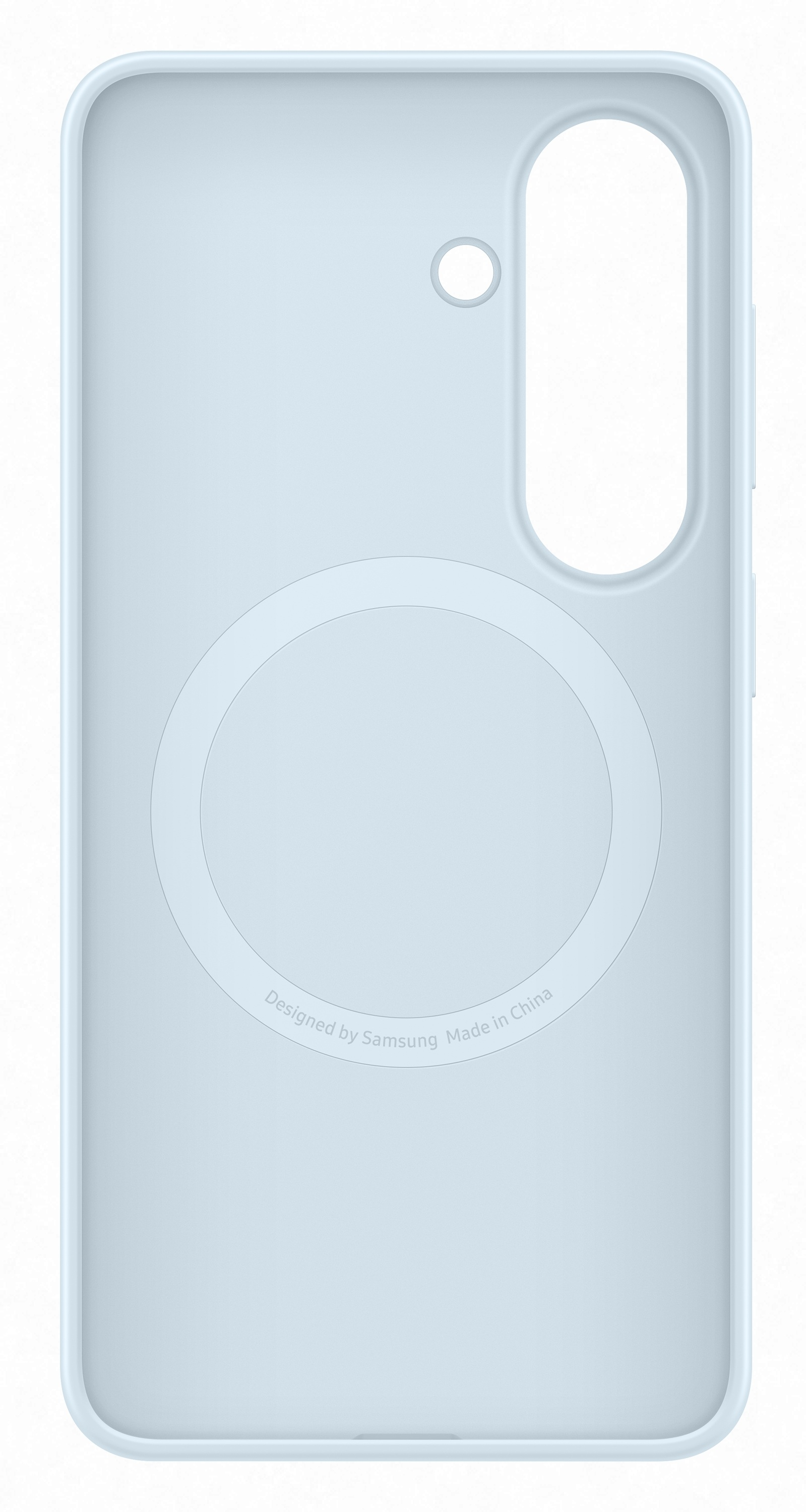 Jasnoniebieskie etui na telefon z wycięciem na aparat i kółkiem ładowania.