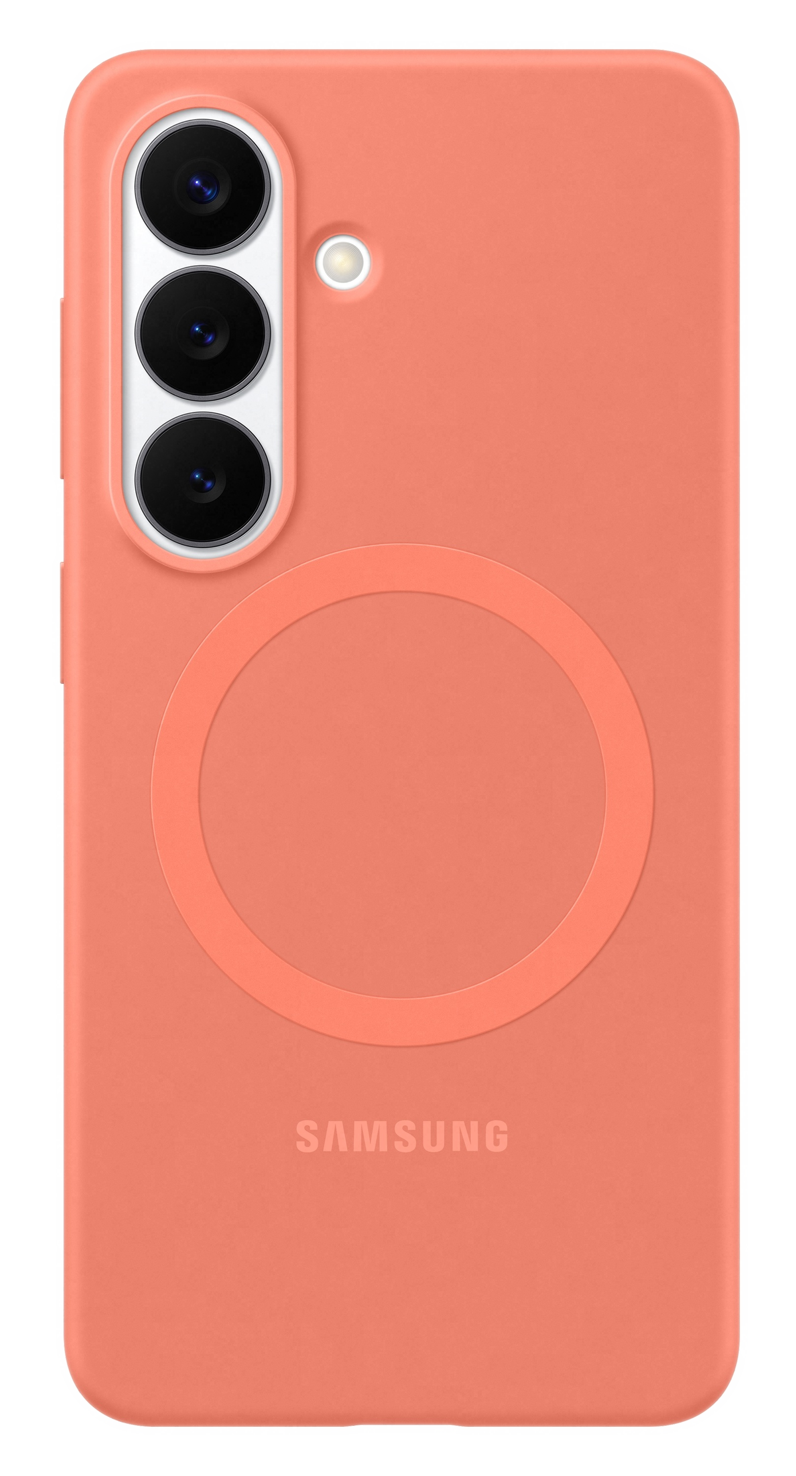 Koralowy smartfon z trzema aparatami i okrągłym obszarem ładowania.