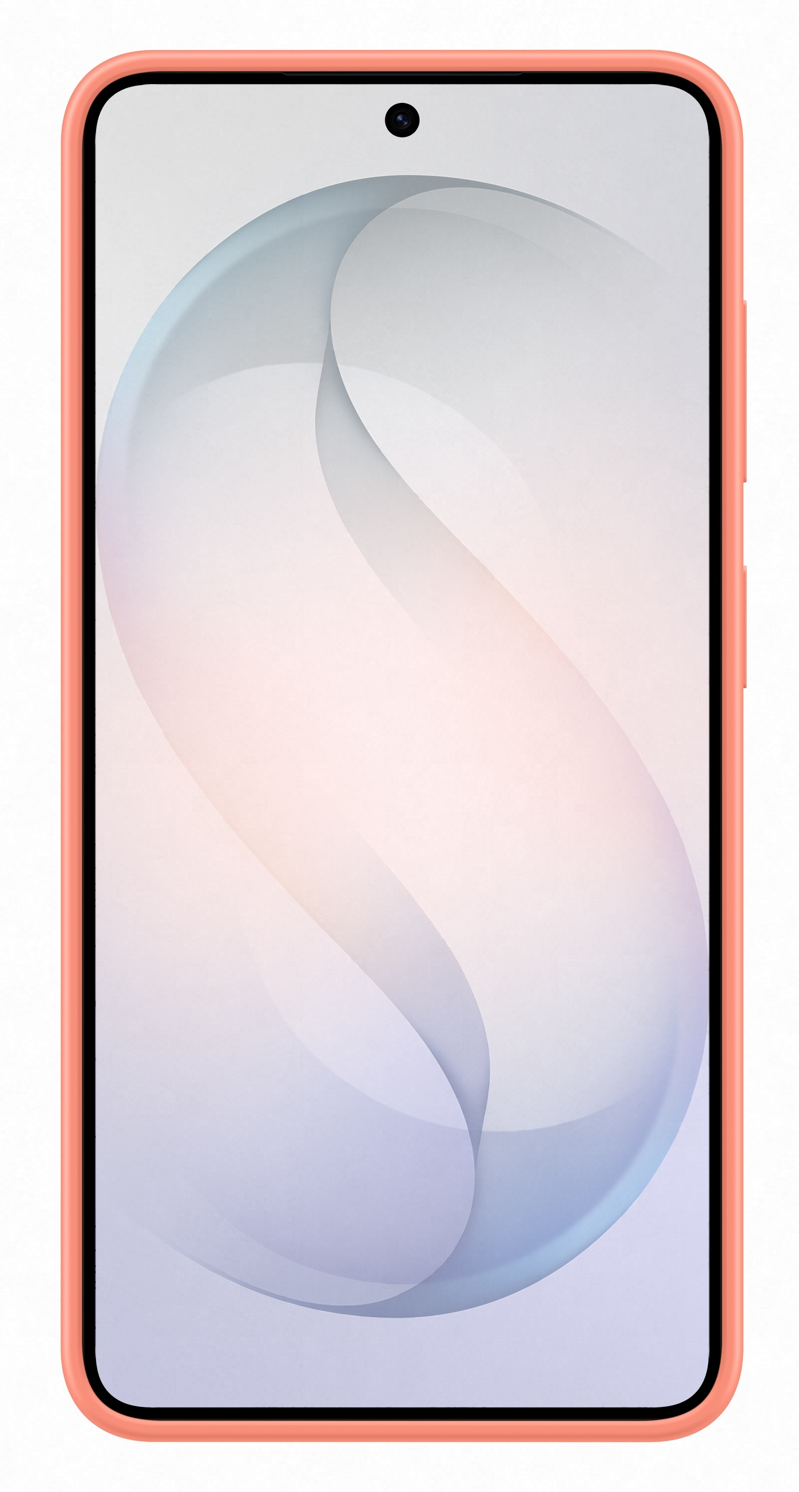 Pomarańczowy smartfon z abstrakcyjnym wzorem na ekranie.