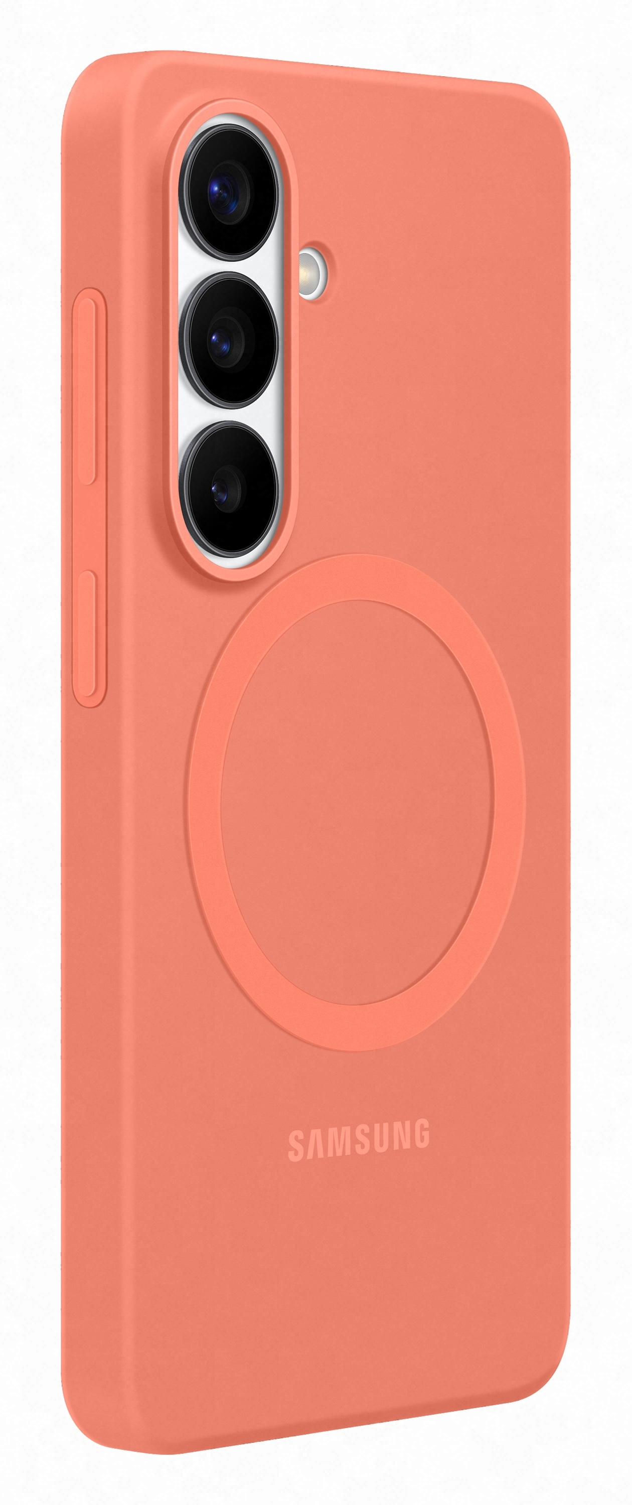 Brzoskwiniowe etui na telefon z trzema aparatami i okrągłym wzorem.