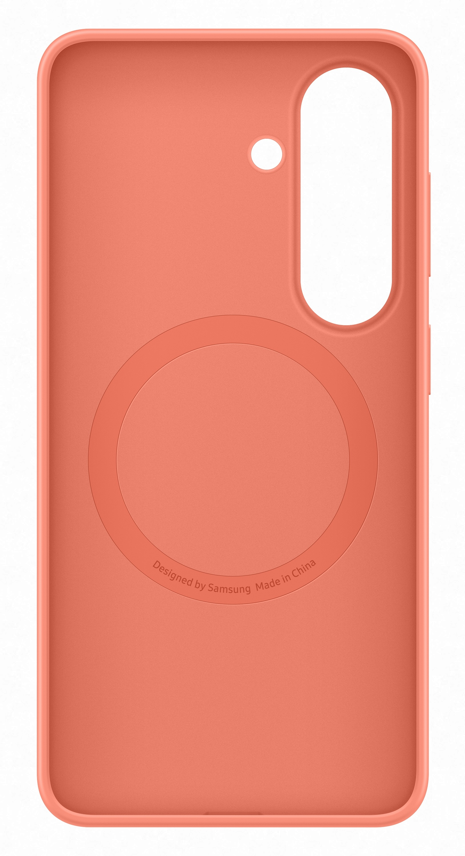 Koralowa obudowa na telefon z wycięciem na aparat i okrągłym obszarem MagSafe.