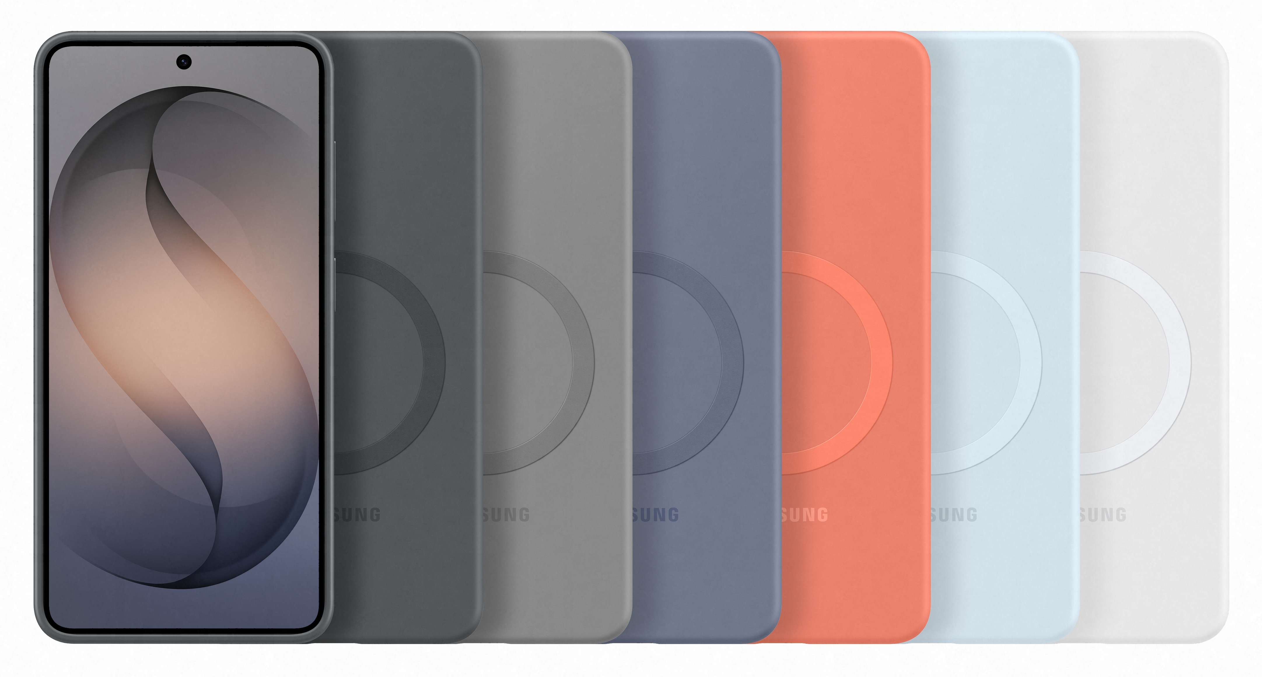 Smartfon obok sześciu kolorowych etui na telefon.