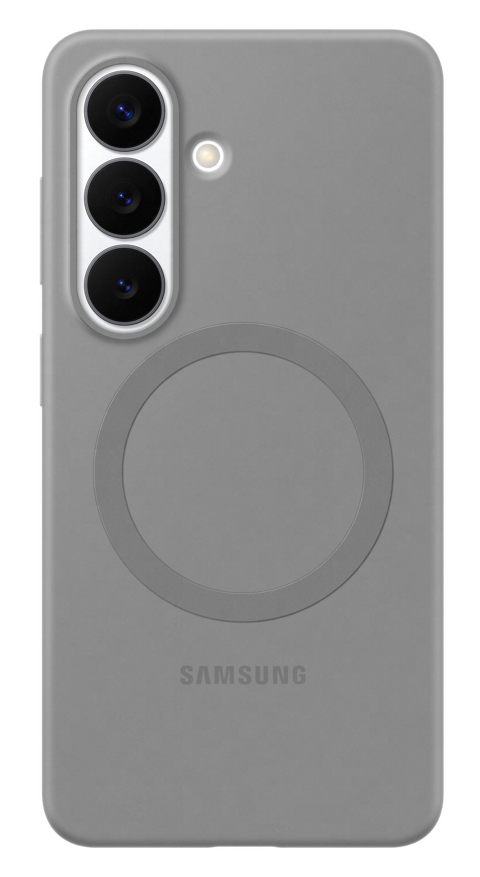 Szara obudowa telefonu z trzema aparatami i okrągłym obszarem ładowania.