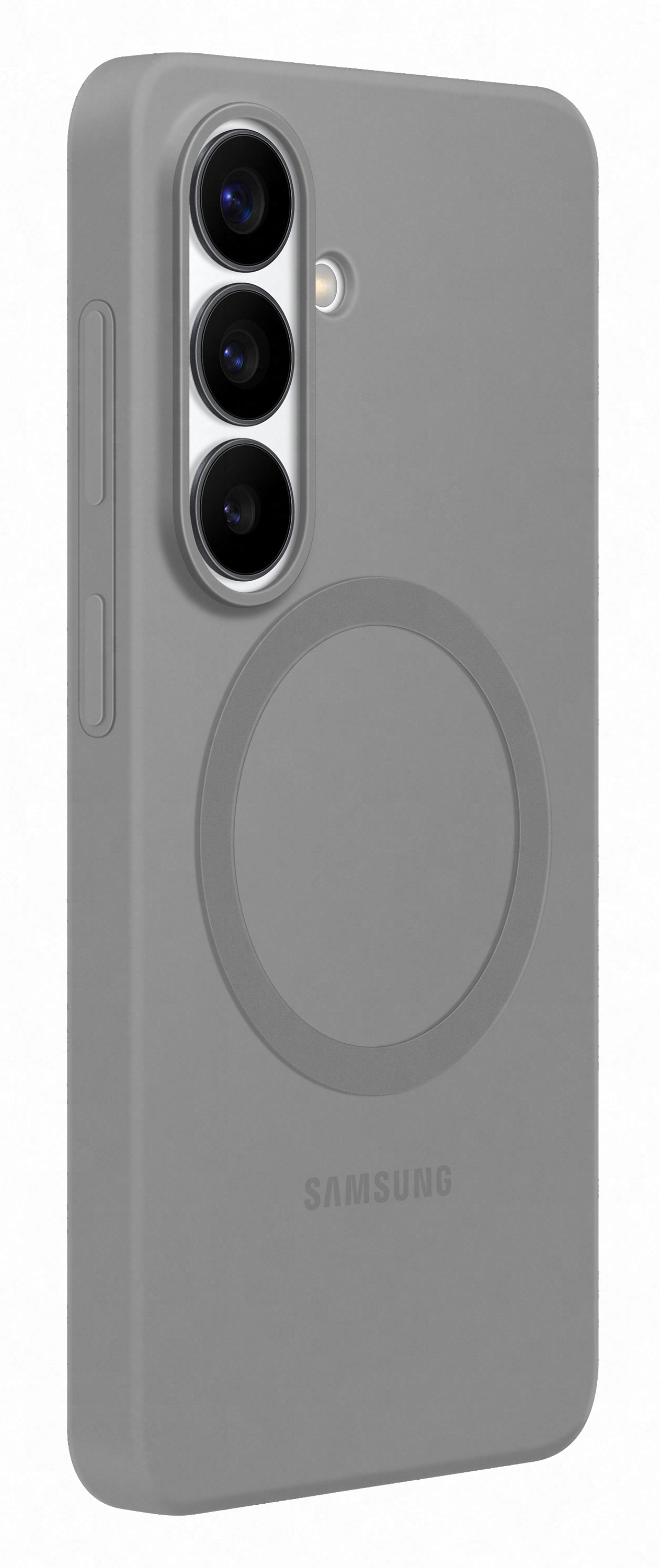 Szara obudowa telefonu z trzema obiektywami i kółkiem z tyłu.