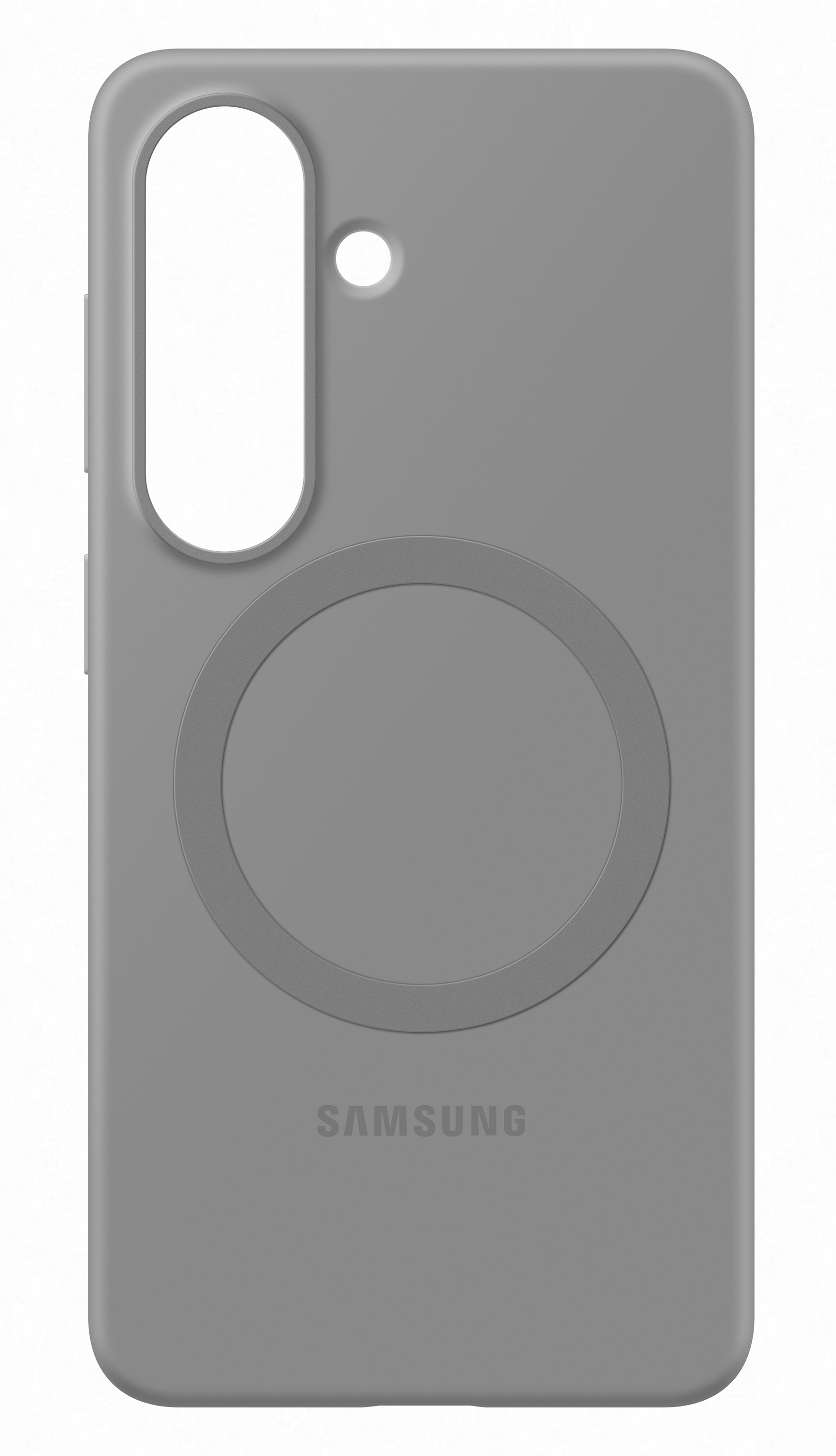 Szara obudowa na telefon Samsung z okrągłym wycięciem i logo Samsung.