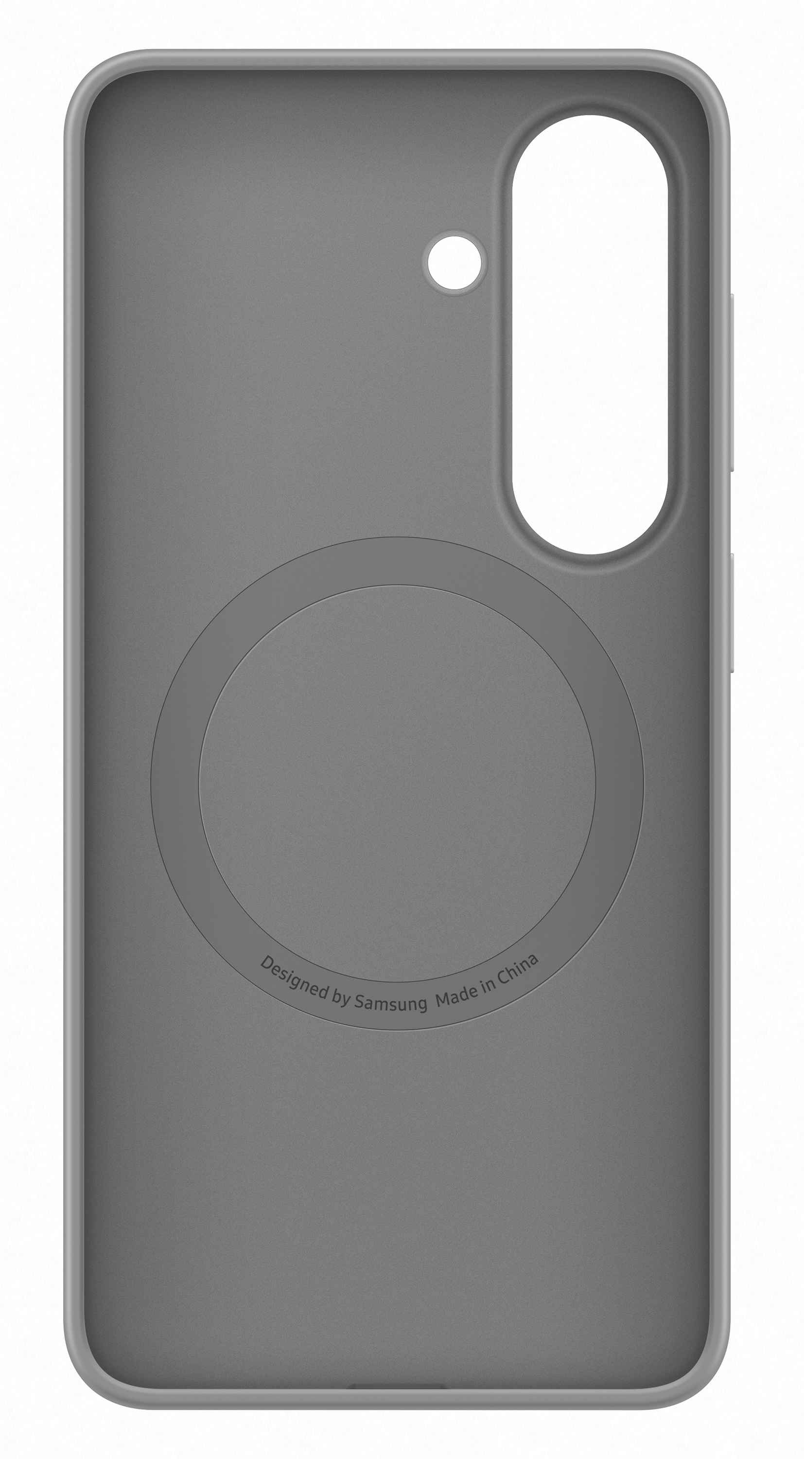 Szara tylna obudowa telefonu z okrągłym wycięciem i tekstem.