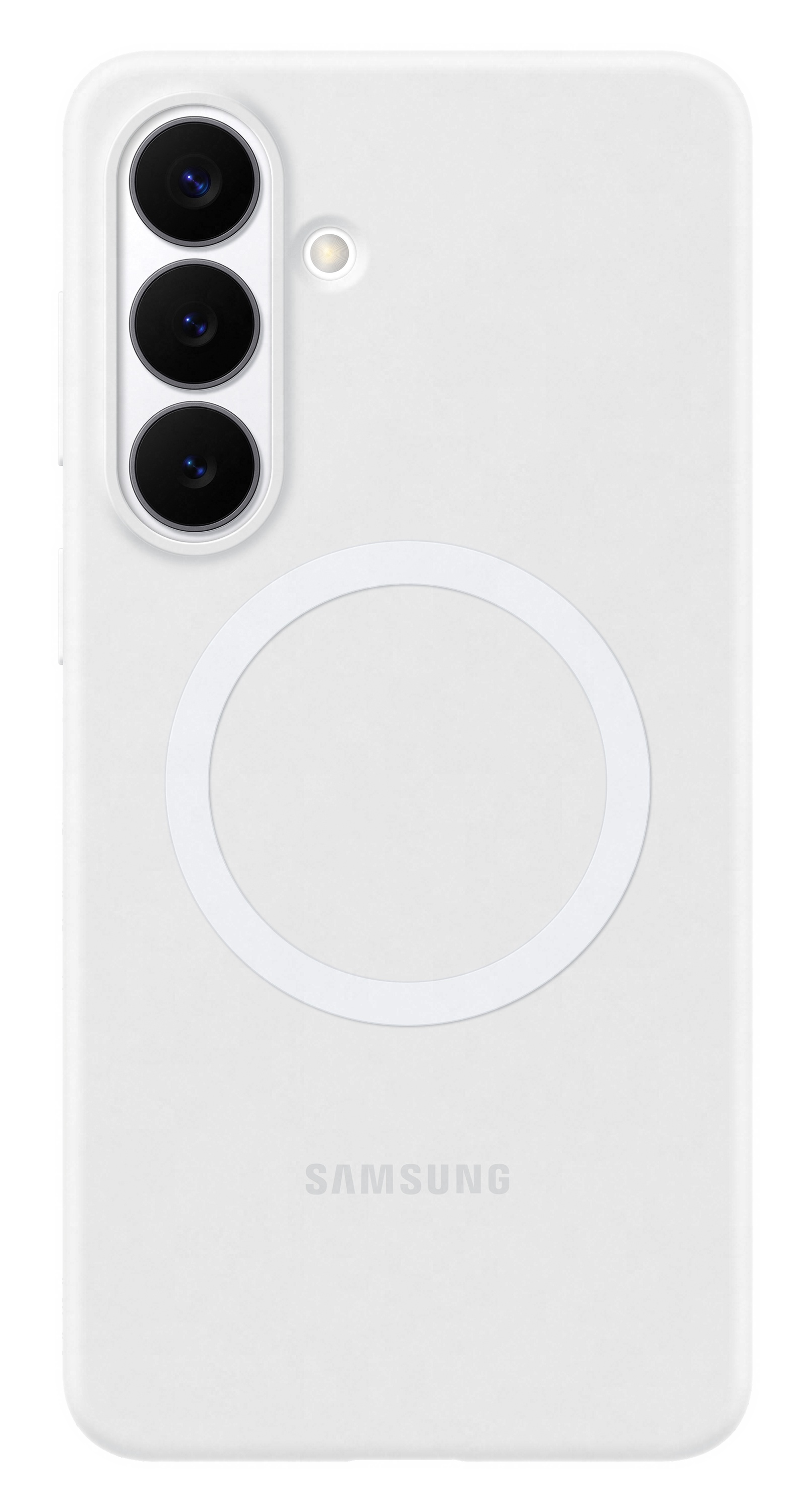 Białe etui na telefon z trzema obiektywami, lampą błyskową i okrągłym pierścieniem MagSafe.