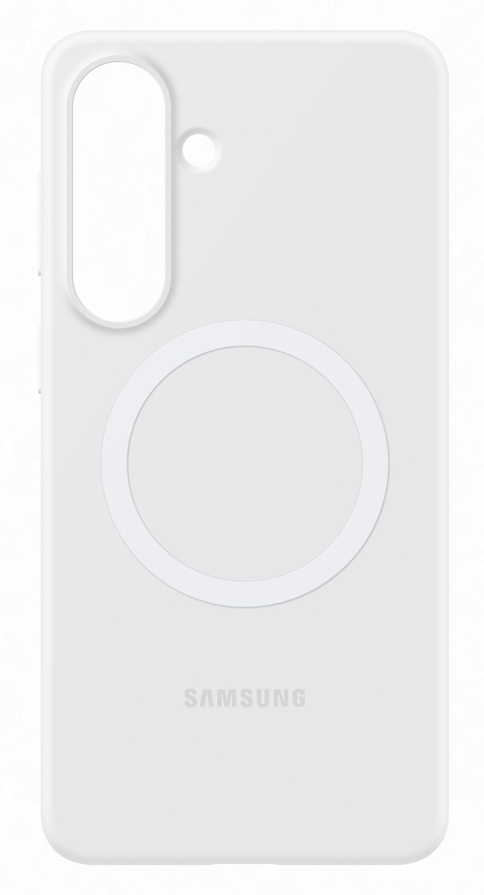 Białe etui na telefon z okrągłym wzorem i logo Samsung.