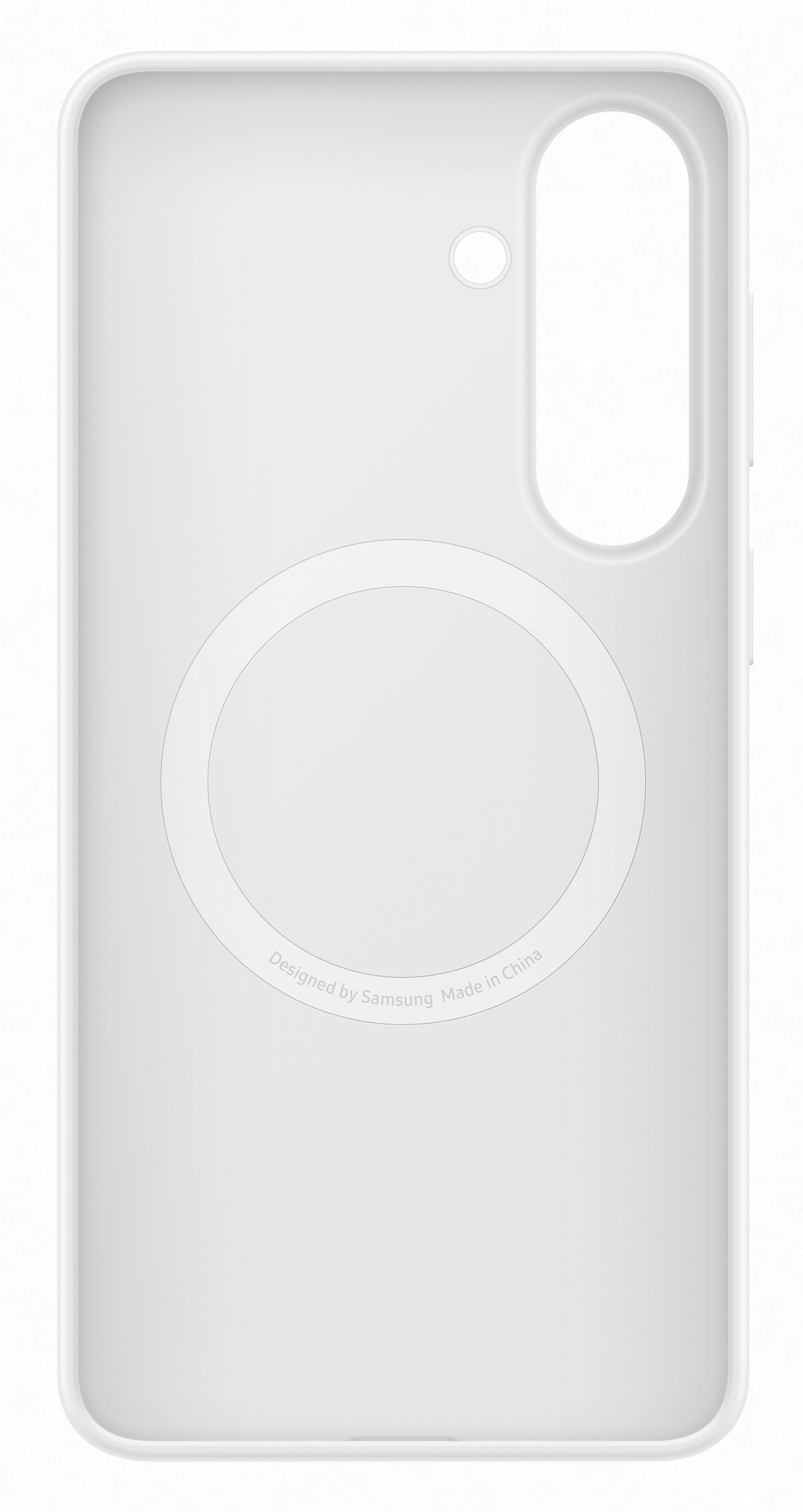 Białe etui na telefon z okrągłym wzorem i wycięciem na aparat.