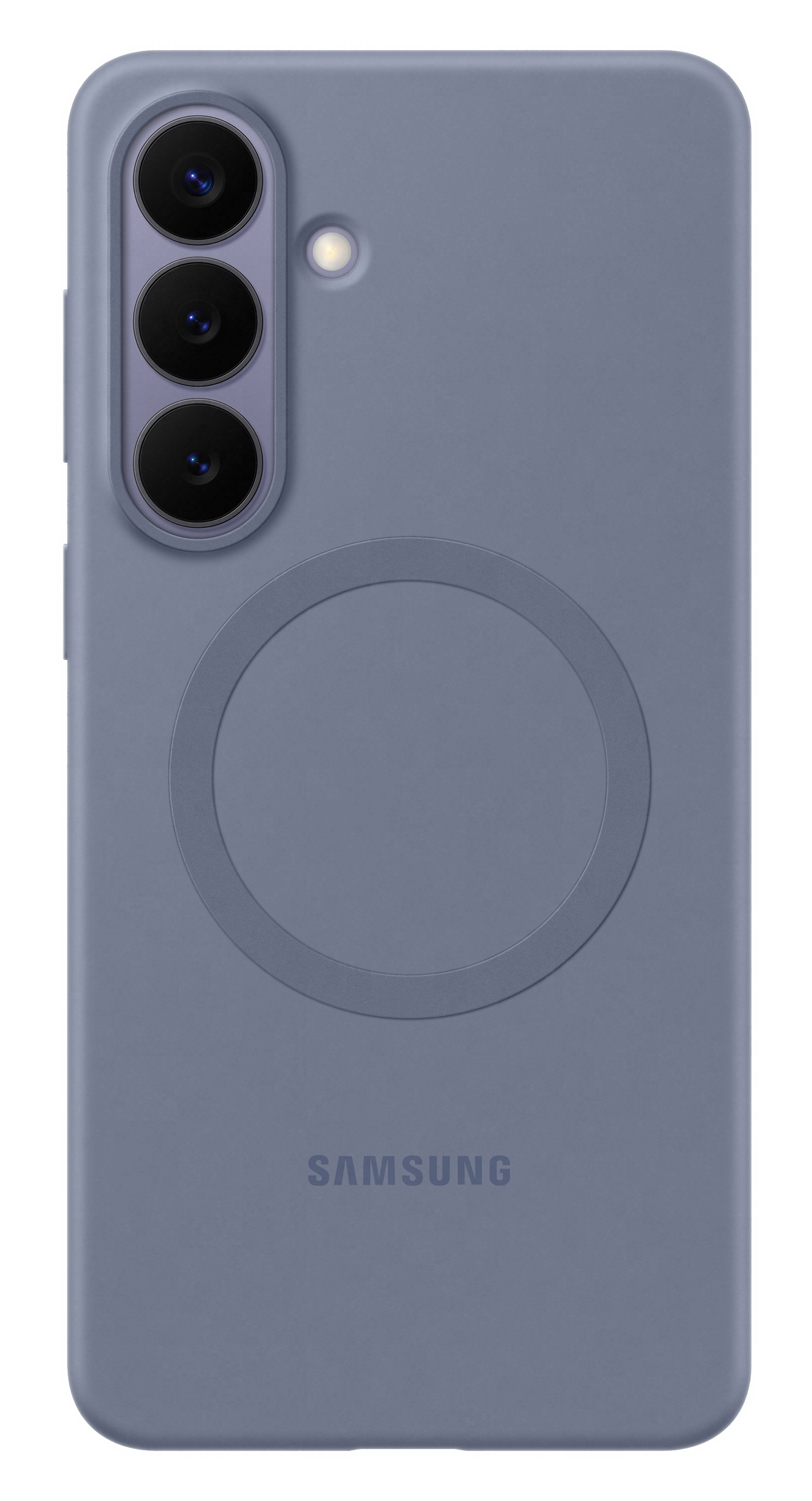 Tył fioletowego telefonu Samsung z trzema aparatami i okręgiem.