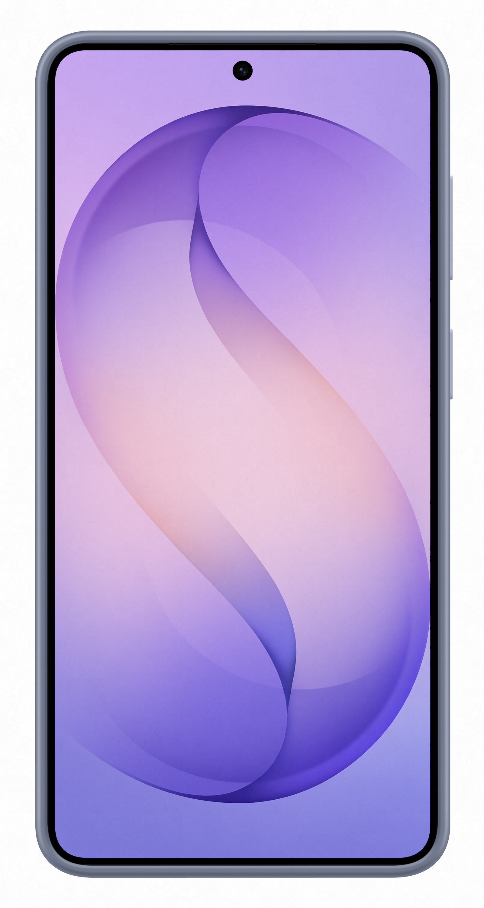 Szary smartfon z fioletową i różową abstrakcyjną tapetą.