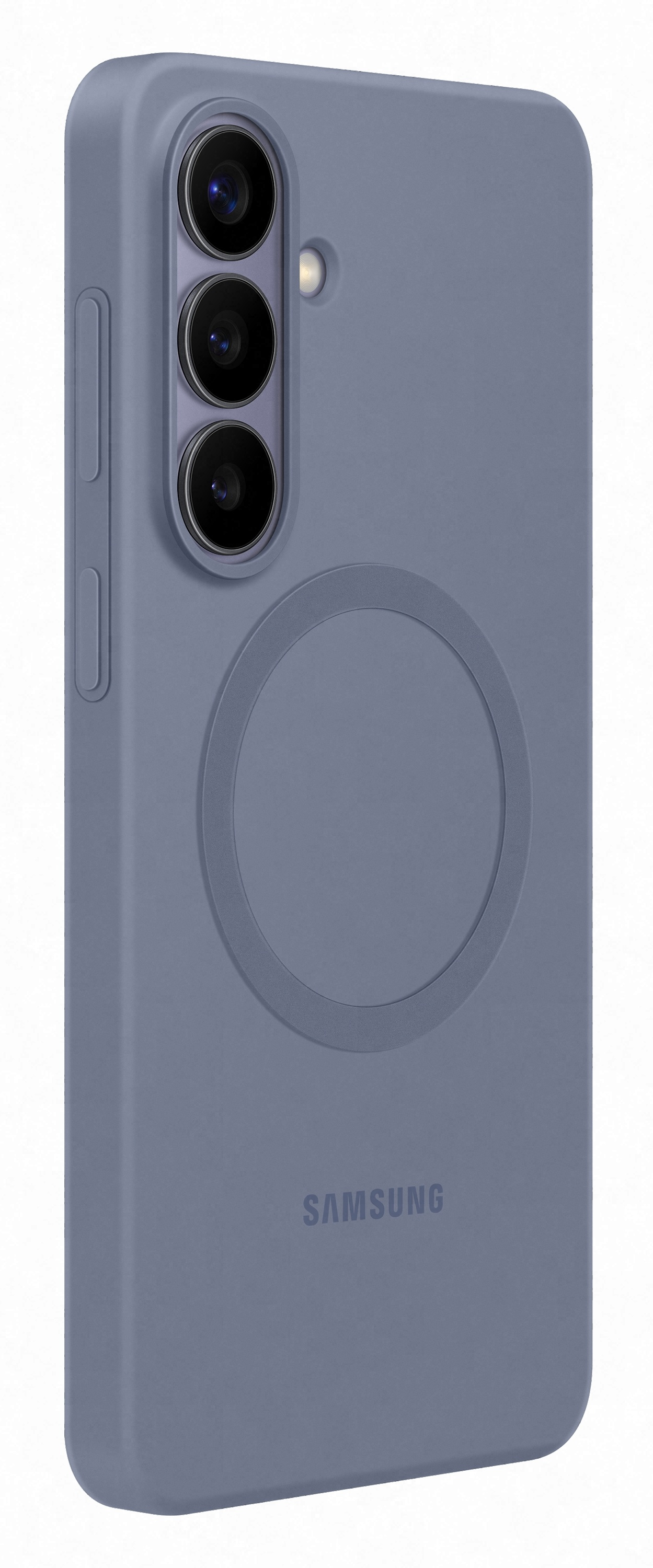 Tył szaro-niebieskiego telefonu Samsung z trzema aparatami i okrągłym wzorem.