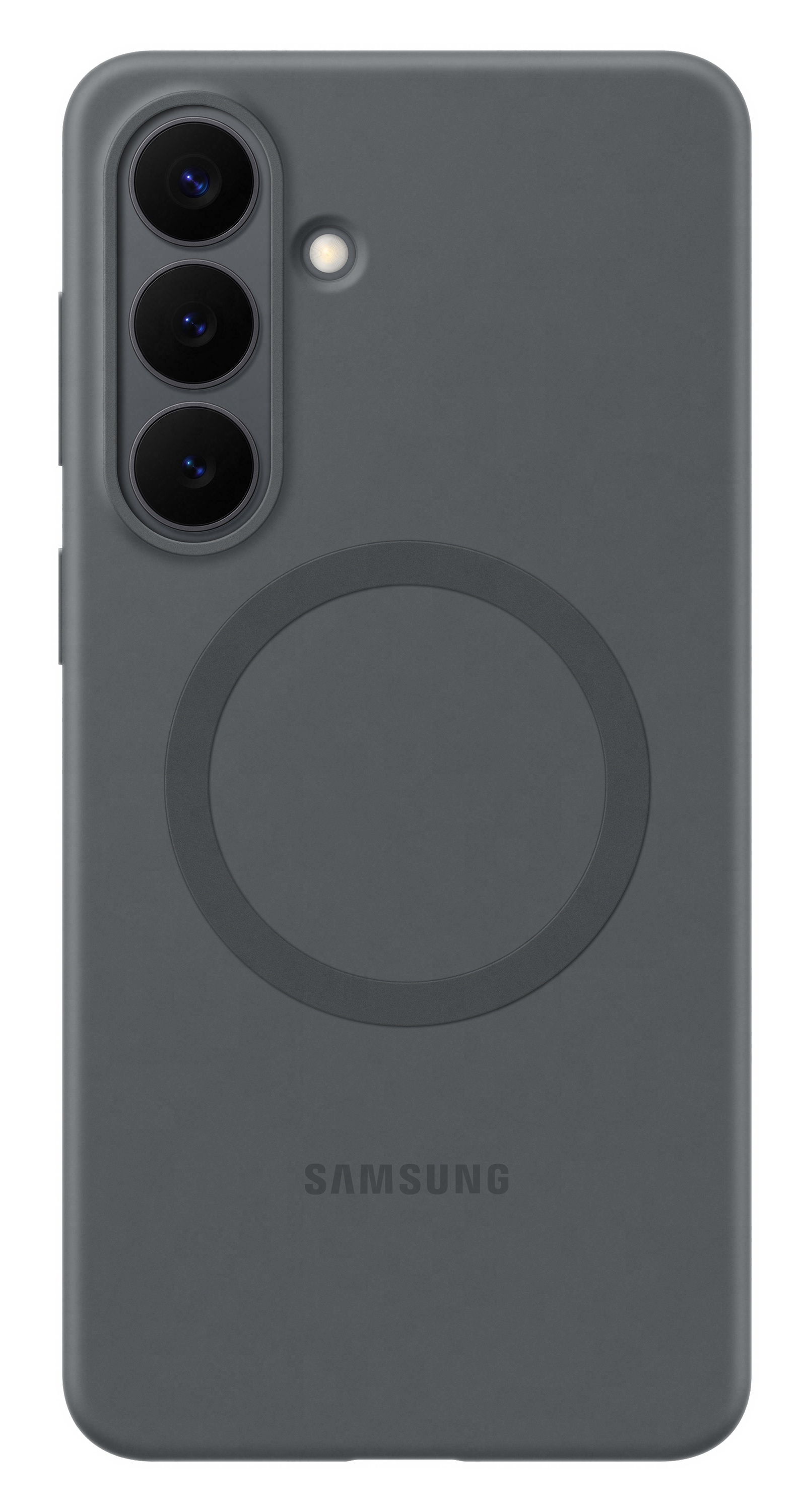 Tył szarego smartfona z trzema aparatami i pierścieniem magnetycznym.