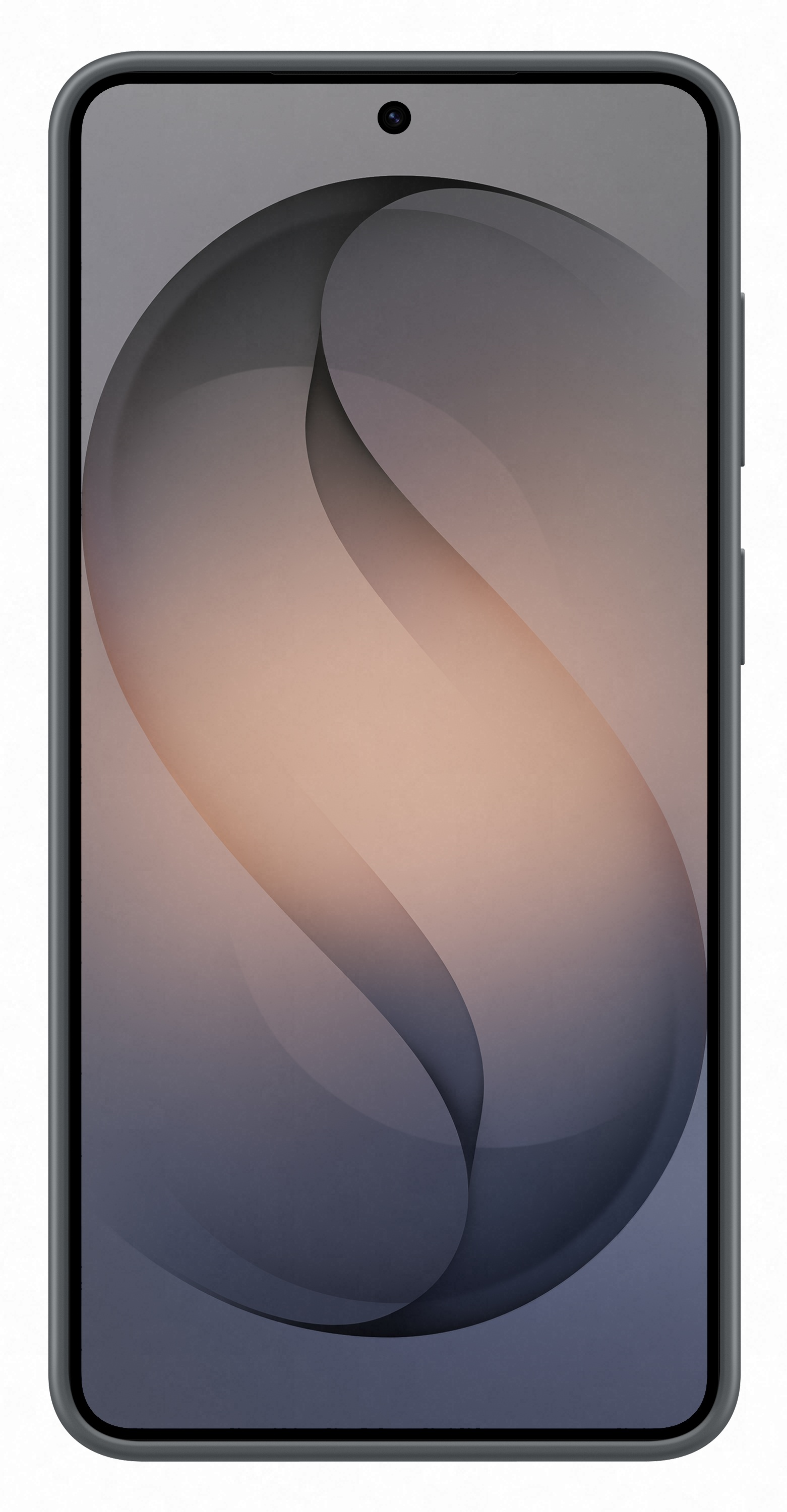 Smartfon z tapetą w kształcie litery S w odcieniach szarości i brzoskwini.