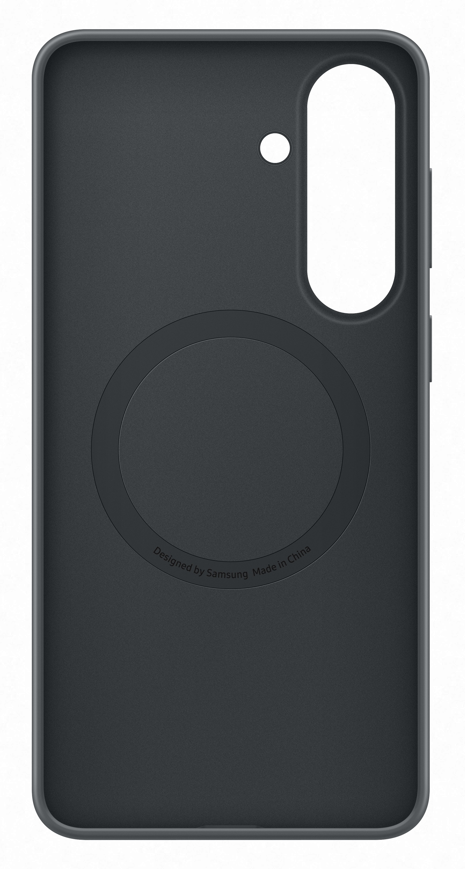 Ciemnoszare etui na telefon z okrągłym wycięciem na aparat i port ładowania.