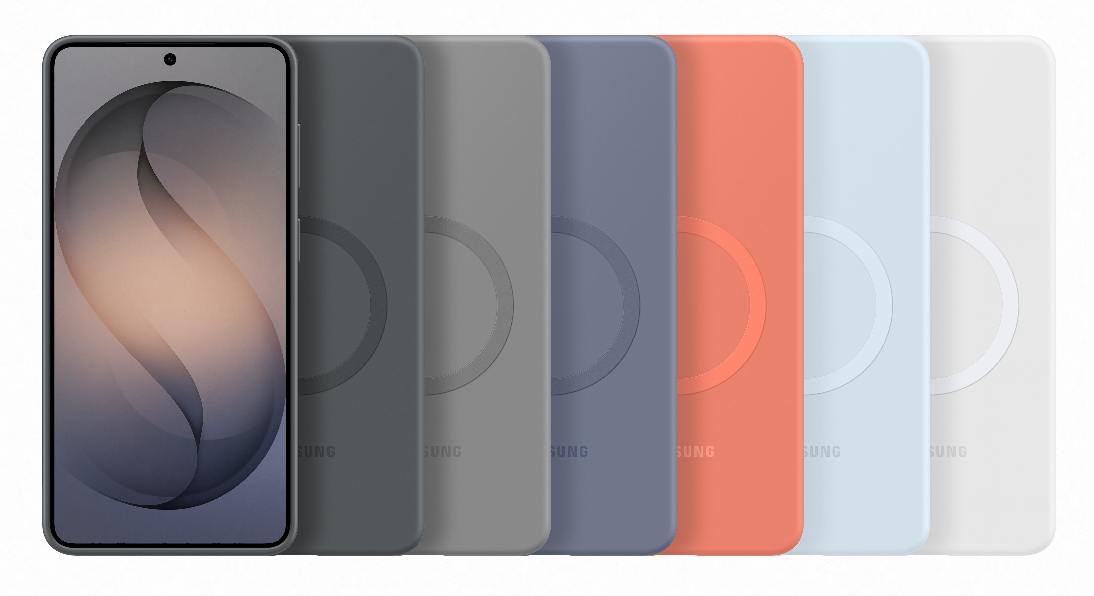 Smartfon z rzędem kolorowych etui na telefon w odcieniach szarości, koralu, błękitu i bieli.