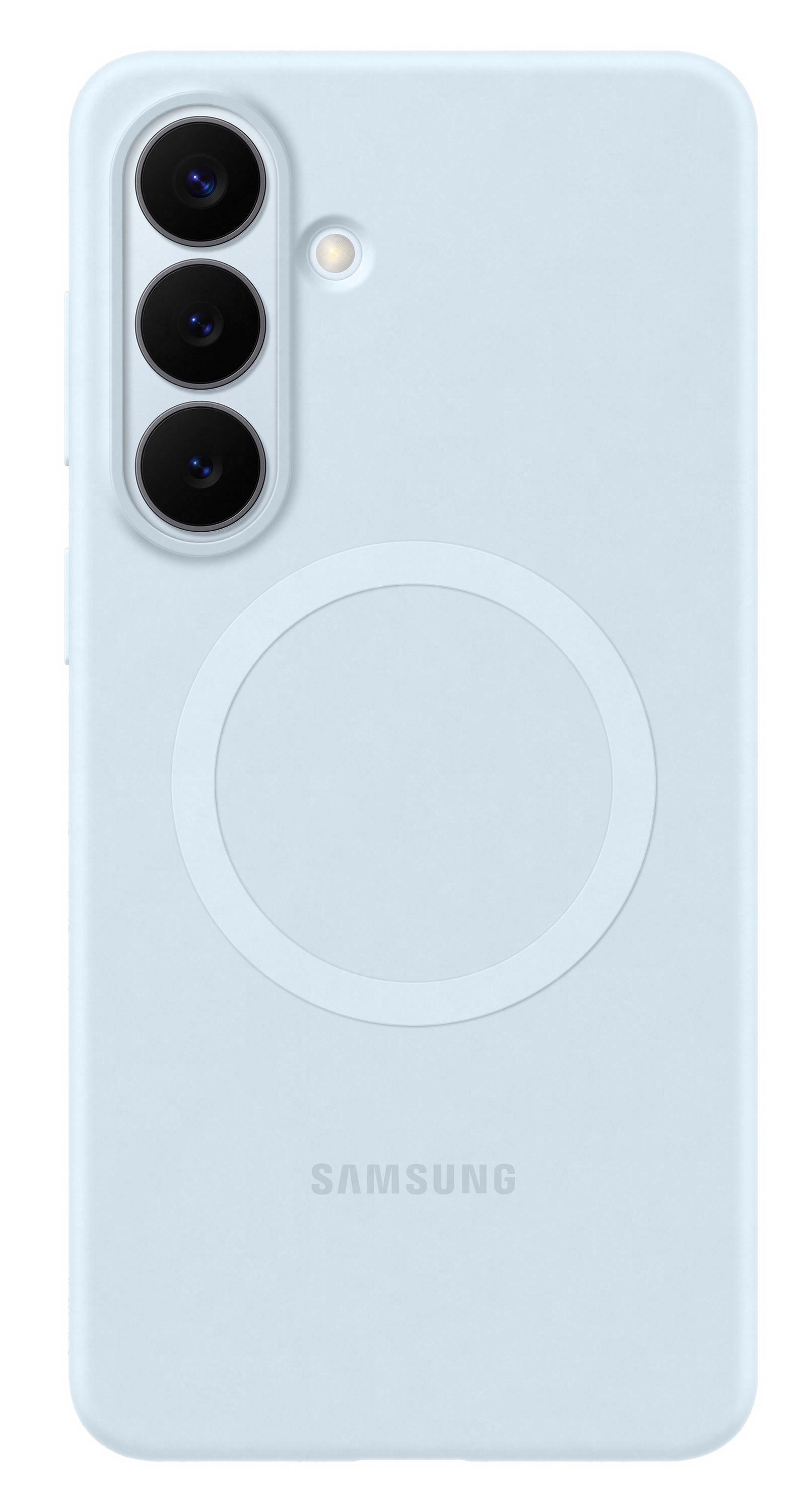 Jasnoniebieski telefon Samsung z trzema aparatami i okrągłym detalem.