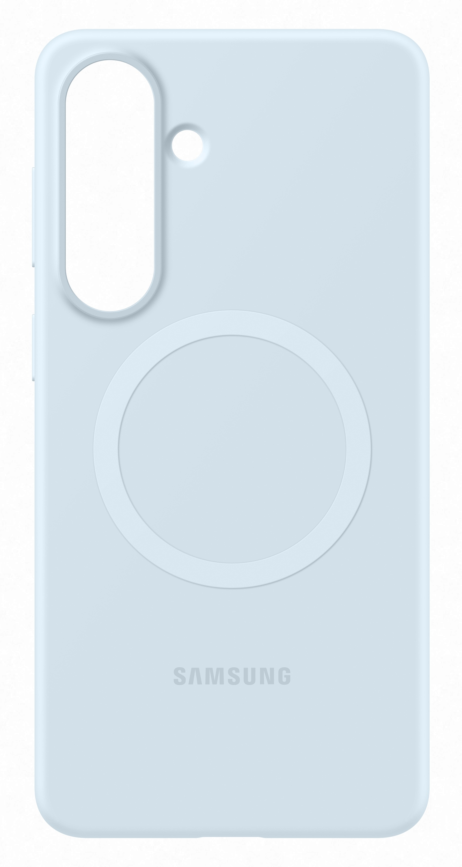 Jasnoniebieskie etui na telefon z wycięciem na aparat i okrągłym wzorem.