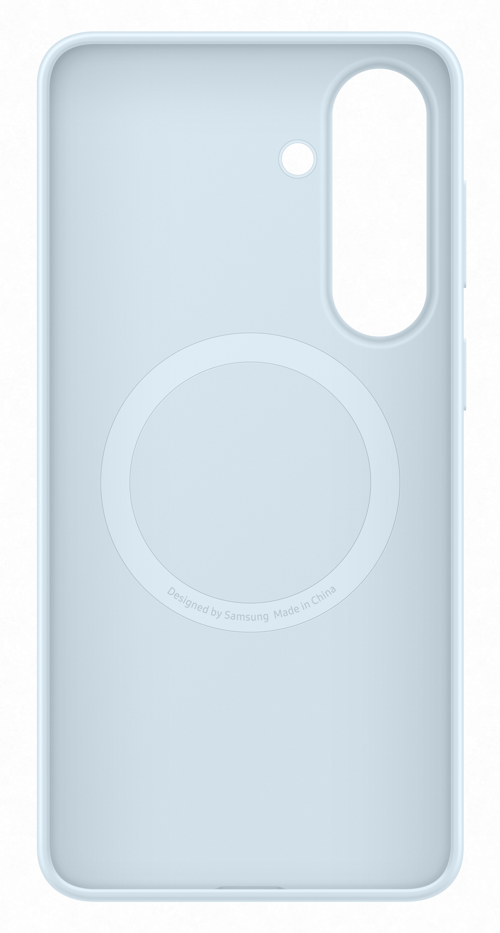 Jasnoniebieskie etui na telefon z okrągłym tłoczonym wzorem i wycięciem na aparat.