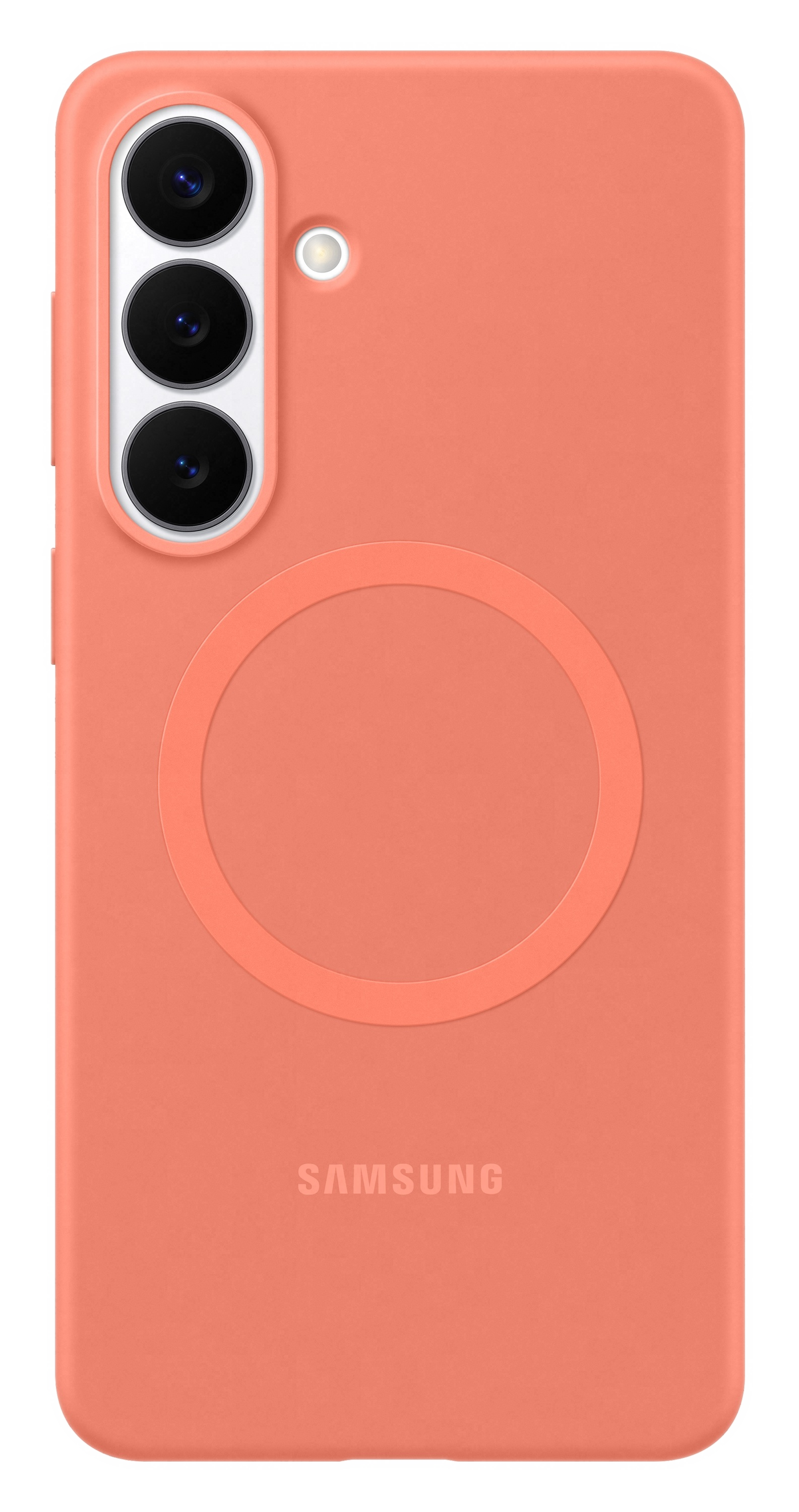 Tył koralowego telefonu Samsung z trzema aparatami i okrągłym wzorem.