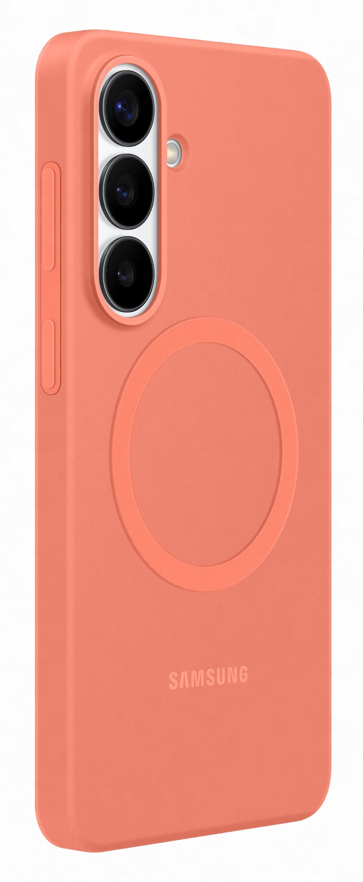 Pomarańczowe etui na telefon z aparatami i logo Samsung.