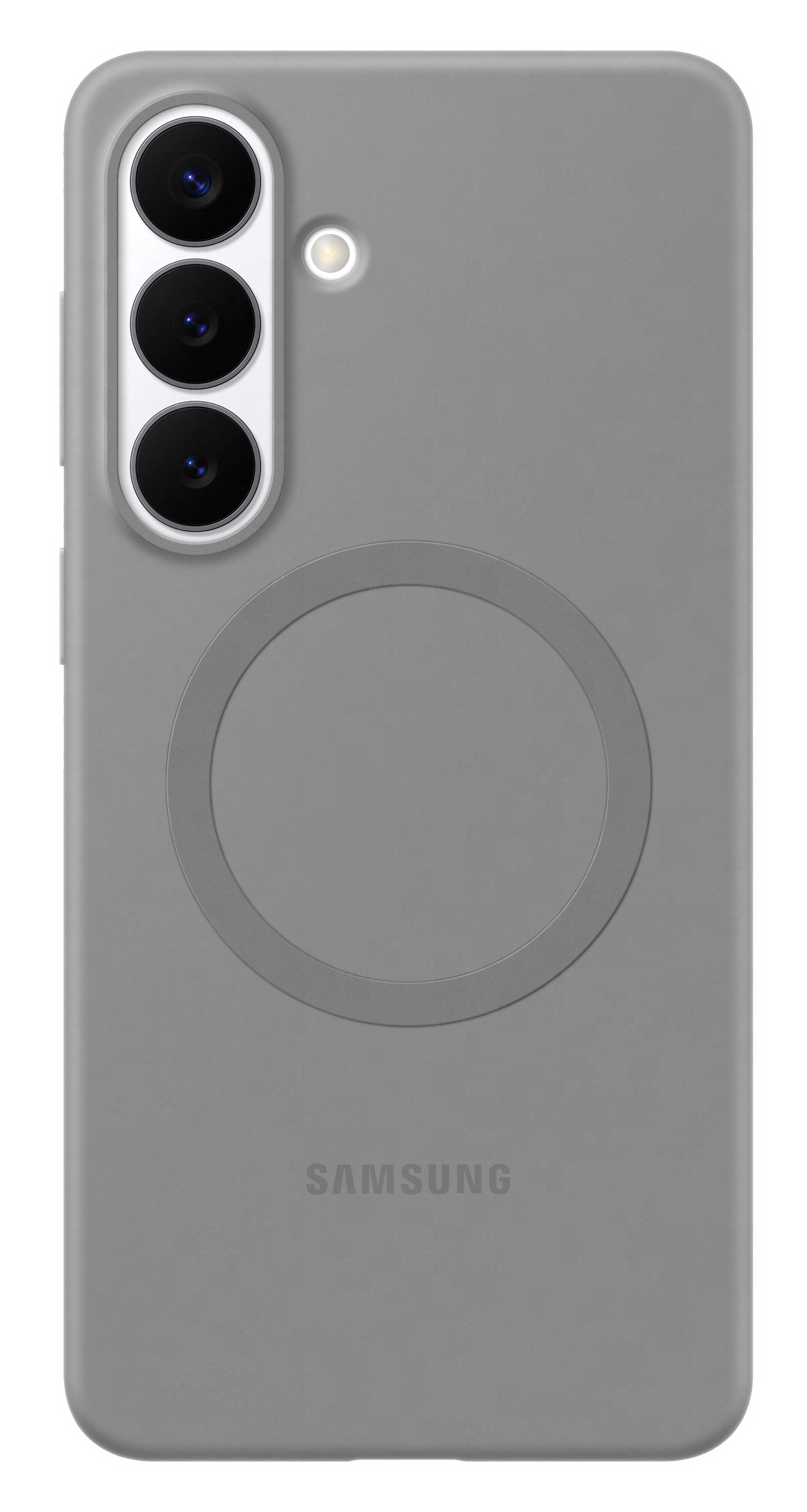Szara obudowa telefonu z trzema aparatami i okrągłym pierścieniem.