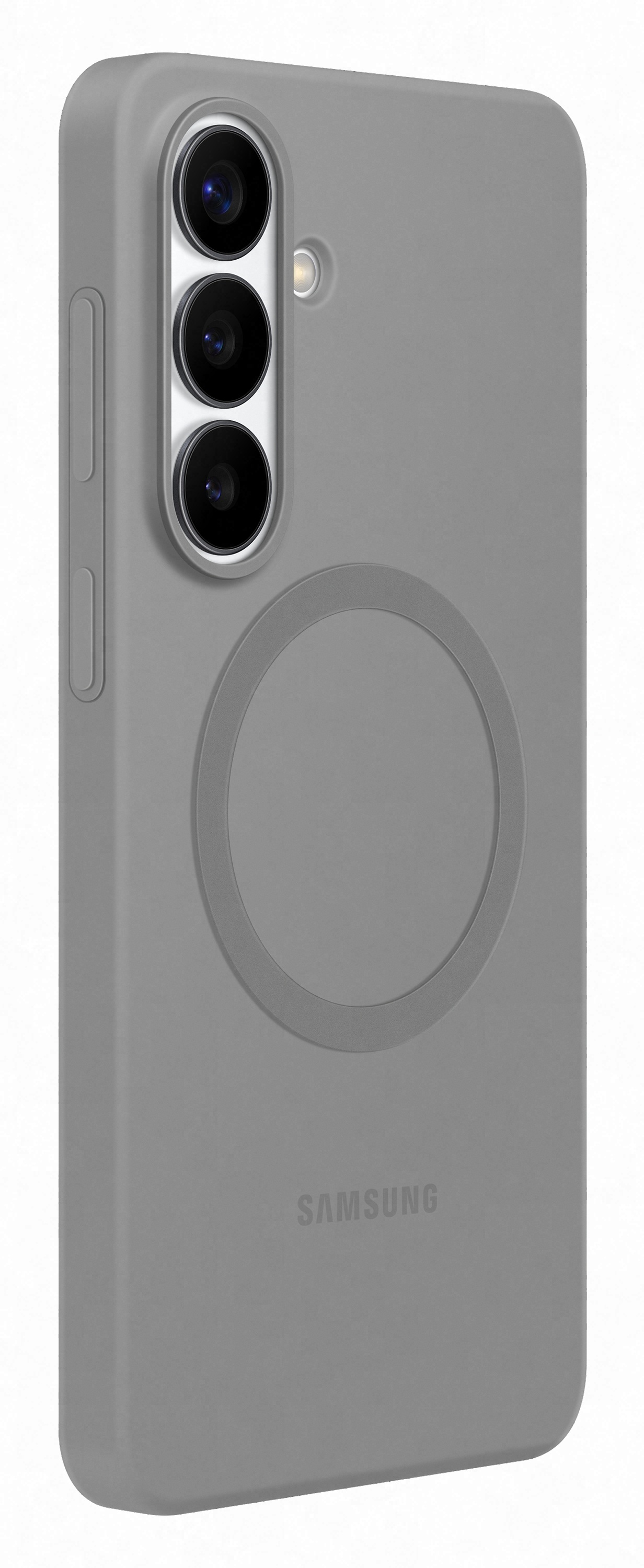 Szara obudowa na telefon z trzema obiektywami i kółkiem.