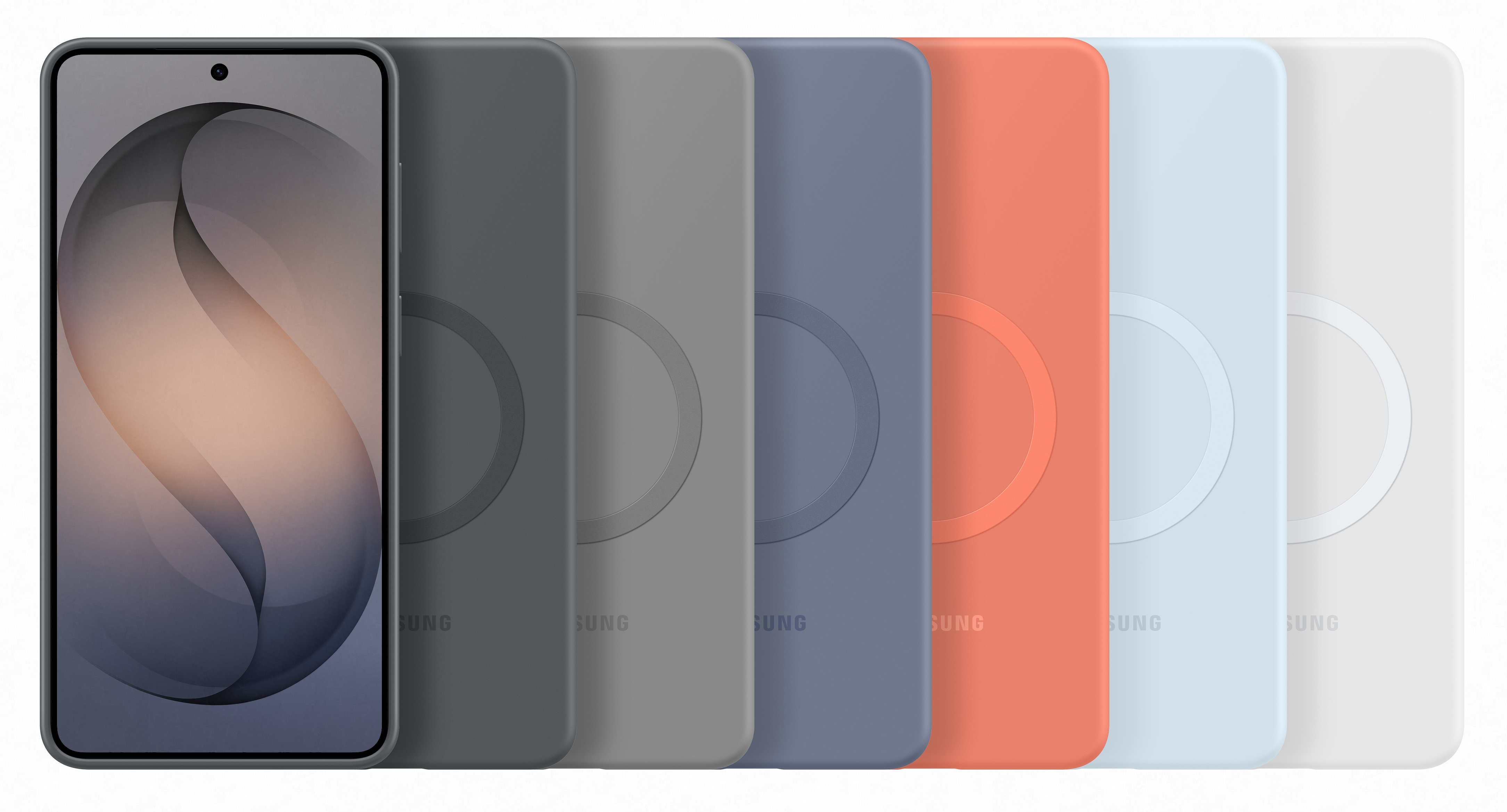 Smartfon z abstrakcyjnym tłem, obok sześć etui na telefon w różnych kolorach.